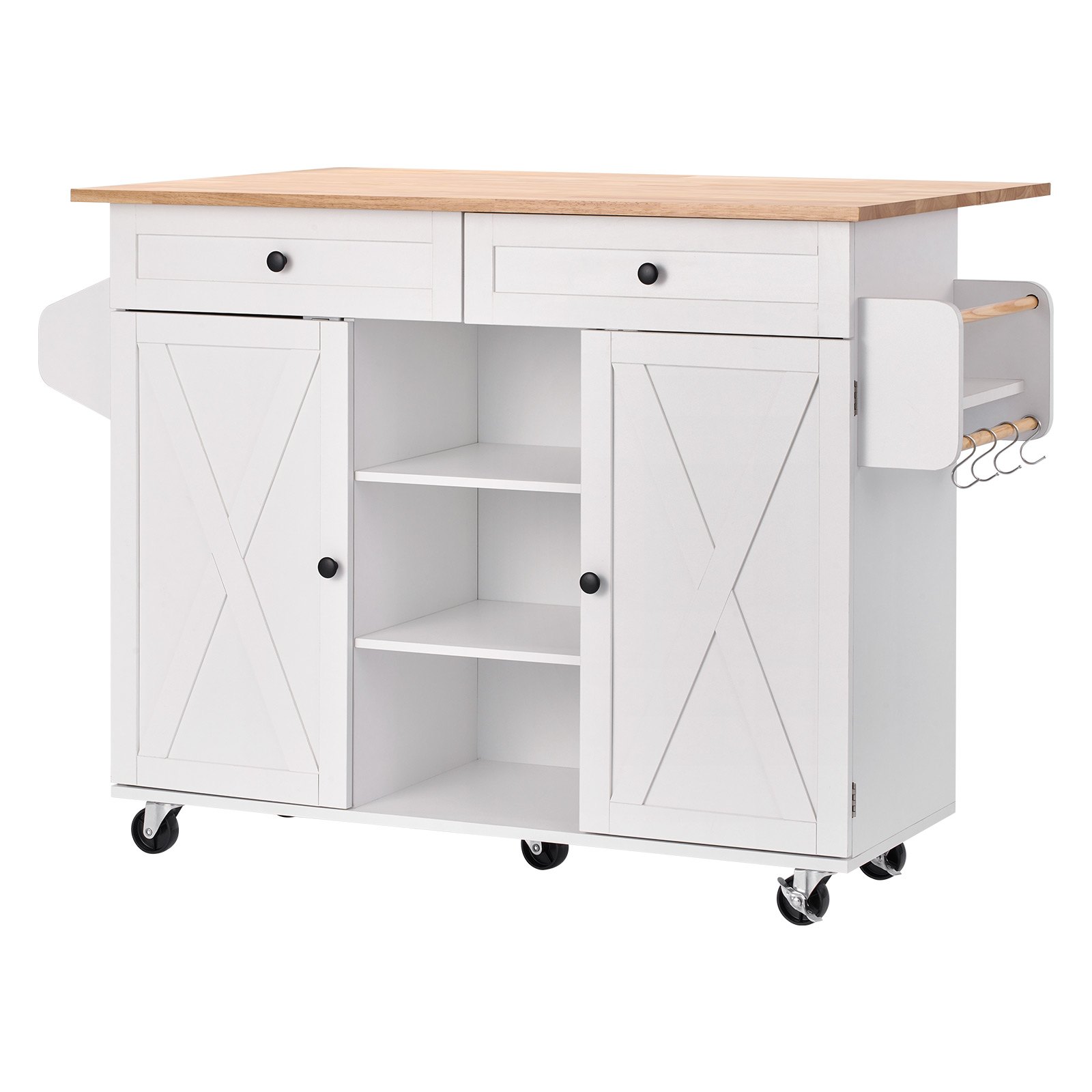 VEVOR Isla de Cocina Portátil con Tablero de Madera Maciza y Armario, con Cajones, Toallero para Especias, Islas Portátiles con Ruedas Giratorias para Comedor, 132 x 74,8 x 89,6 cm, Color Blanco