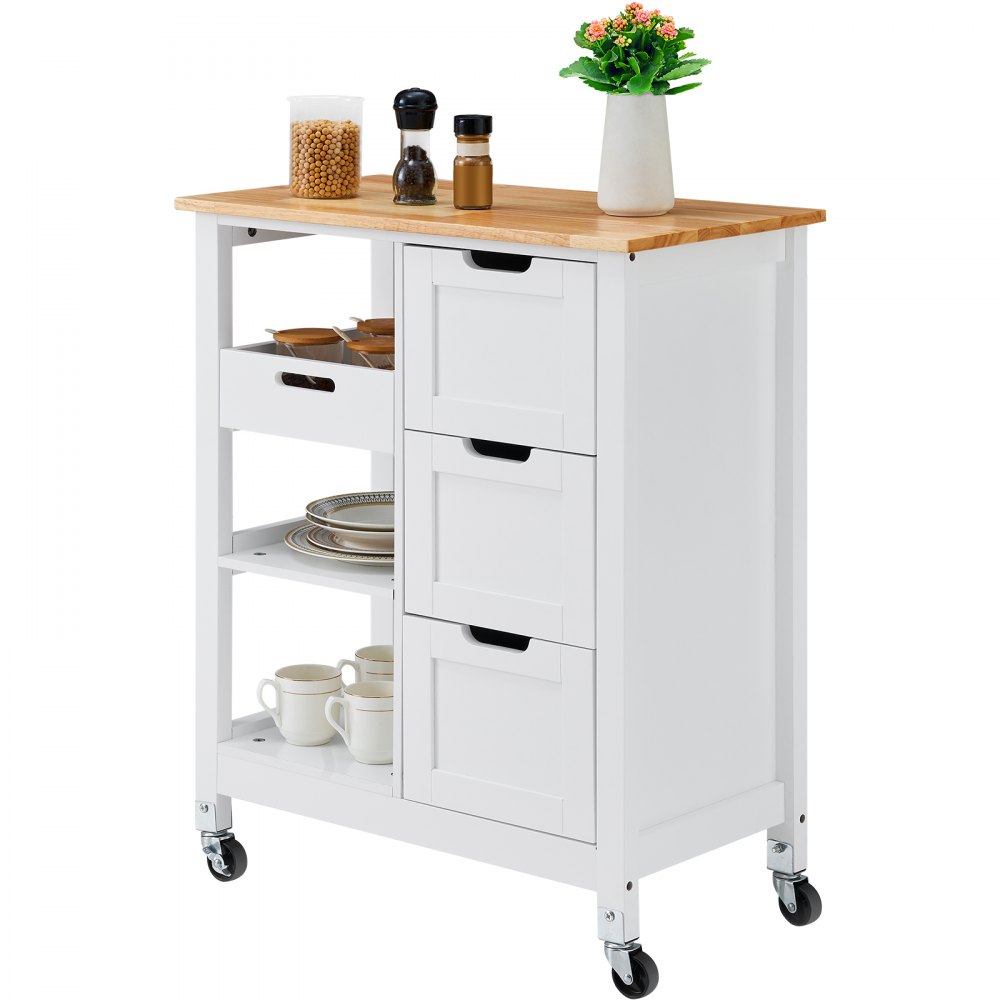 VEVOR - Isla de cocina con carrito, barra de desayuno móvil de 26 pulgadas con superficie de madera, mesa de cocina rodante con 3 cajones y estantes, islas portátiles con ruedas, para comedor, cocina, sala de estar, estilo rústico, color blanco