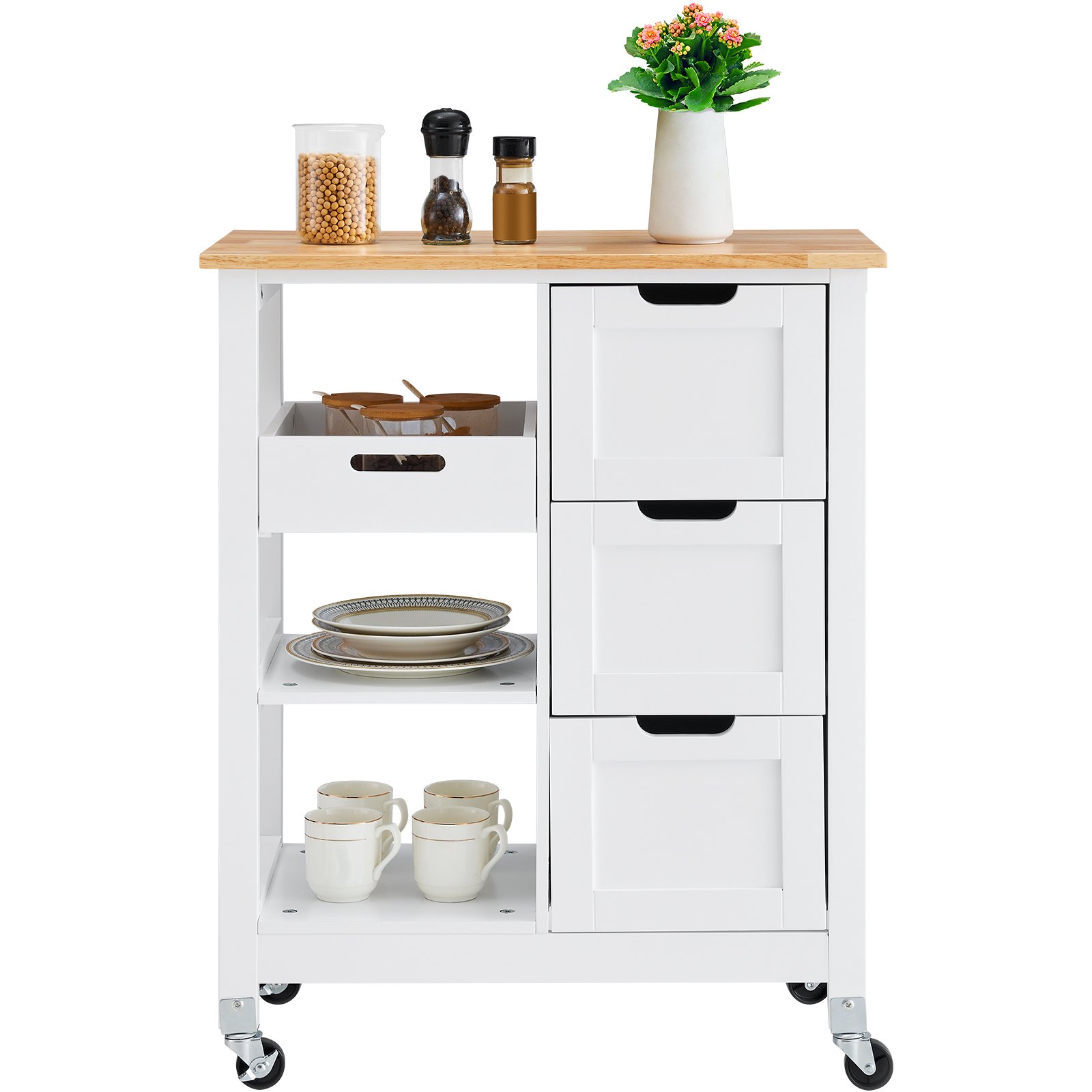VEVOR - Isla de cocina con carrito, barra de desayuno móvil de 26 pulgadas con superficie de madera, mesa de cocina rodante con 3 cajones y estantes, islas portátiles con ruedas, para comedor, cocina, sala de estar, estilo rústico, color blanco