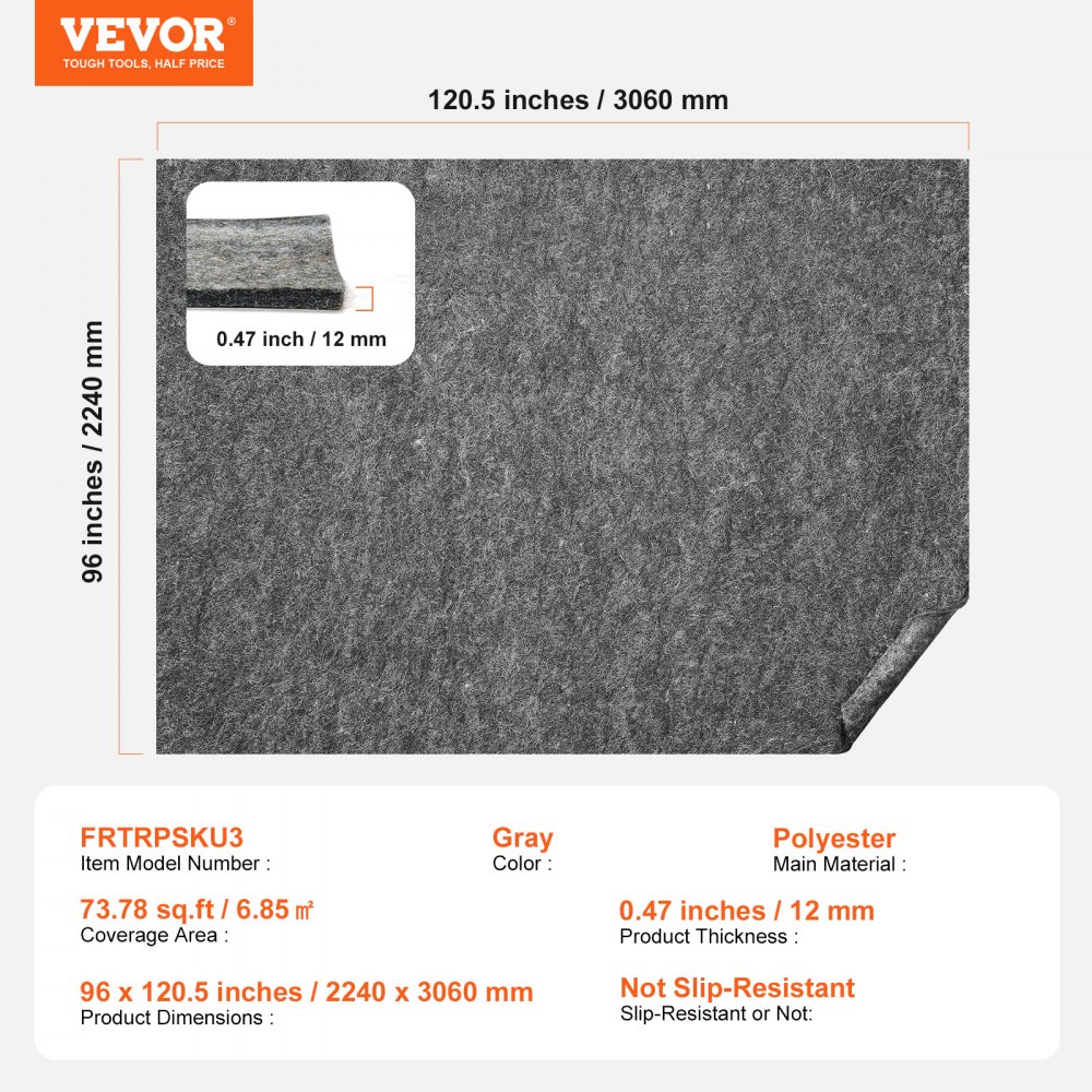 VEVOR Carpet Tiles, 224x306cm, Protective Padding, 12mm Thick, Double-Sided Felt, Flooring, Premium Comfort Carpet Underlay, Carpet Cushion, Safe for All Floors