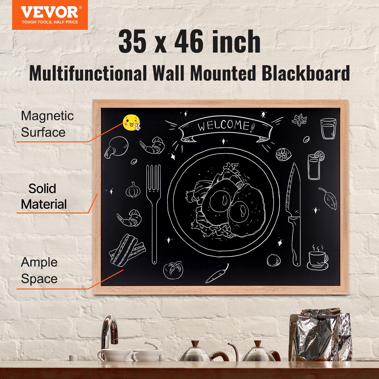 VEVOR Pizarra Negra de Menú con Marco de Madera Colgante de Pared 889 x 1168 mm Pizarra con Tiza para Mensajes Pizarra Magnética para Restaurante, Bar, Cafetería, Cocina, Decoración del Hogar y Bodas