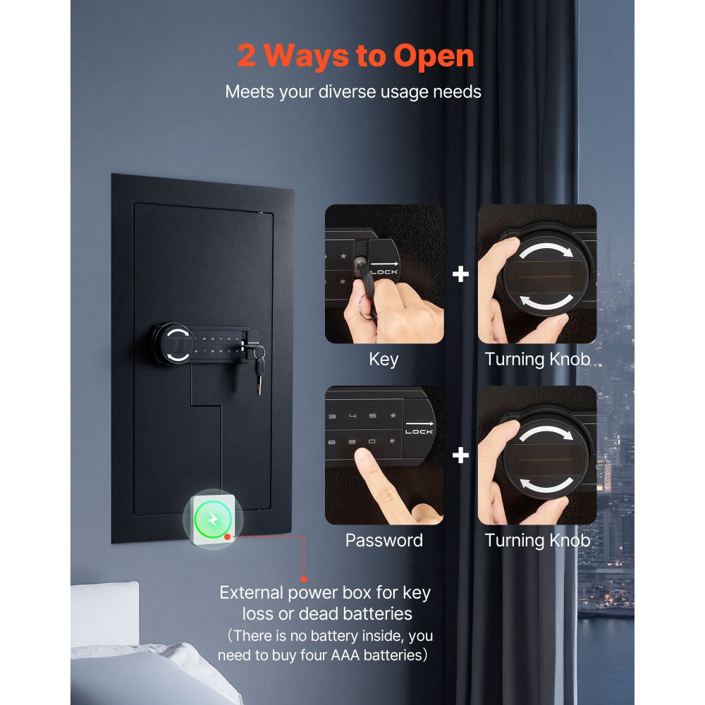 VEVOR Caja Fuerte Mural con Contraseña y Llave, Carcasa Empotrada de Acero Laminado en Frío Q235 con Estantes Ajustables e Iluminación LED, para Dinero, Joyas y Pasaporte, 102 x 370 x 630 mm, Negro