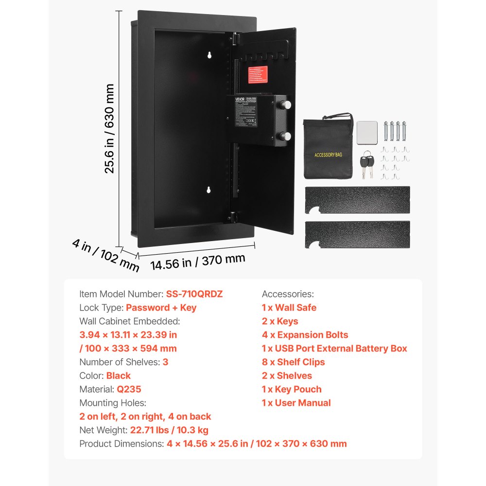 VEVOR Caja Fuerte Mural con Contraseña y Llave, Carcasa Empotrada de Acero Laminado en Frío Q235 con Estantes Ajustables e Iluminación LED, para Dinero, Joyas y Pasaporte, 102 x 370 x 630 mm, Negro
