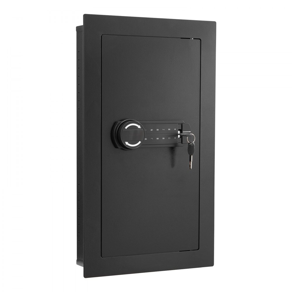 VEVOR Caja Fuerte Mural con Contraseña y Llave, Carcasa Empotrada de Acero Laminado en Frío Q235 con Estantes Ajustables e Iluminación LED, para Dinero, Joyas y Pasaporte, 102 x 370 x 630 mm, Negro