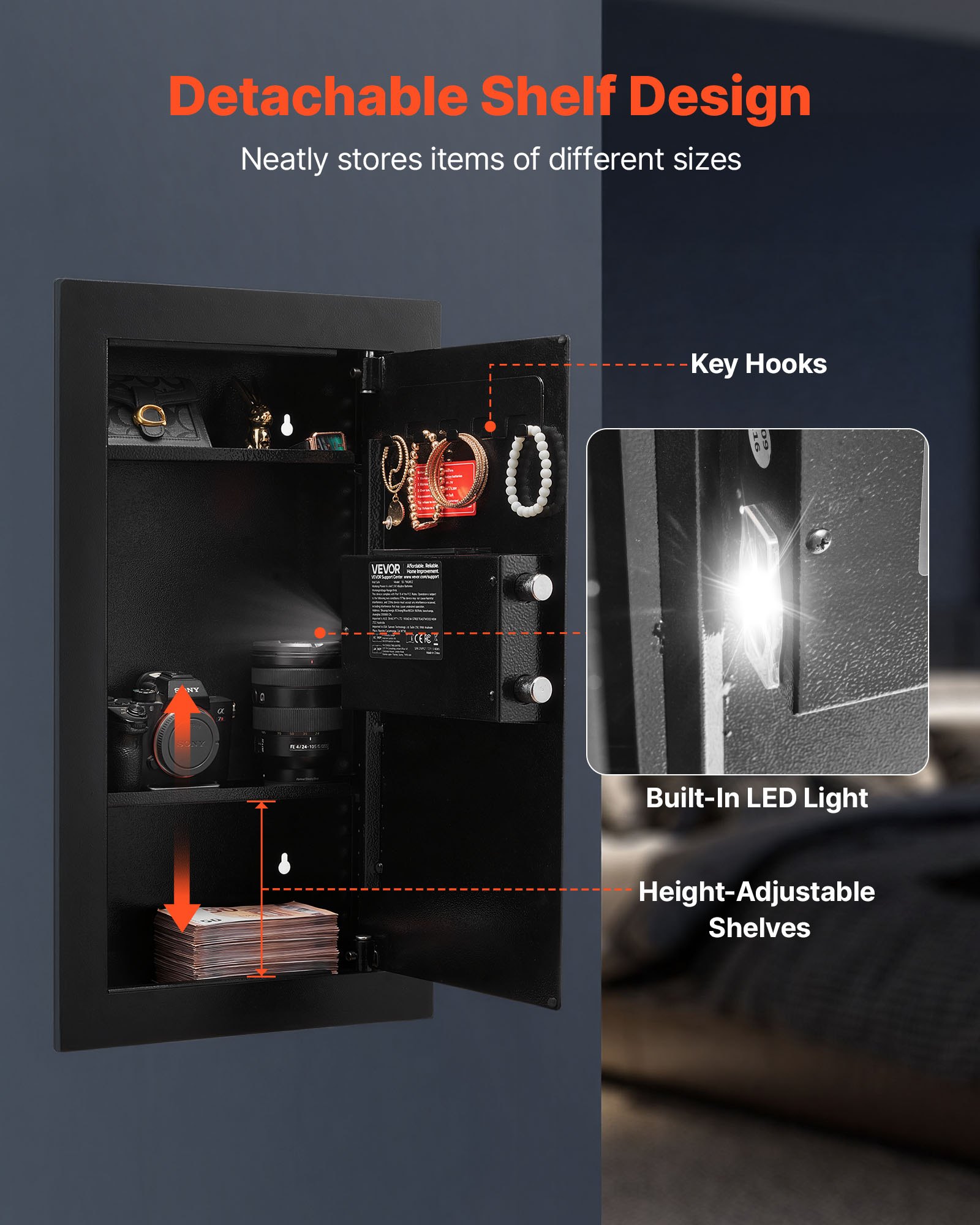 VEVOR Caja Fuerte Mural con Contraseña y Llave, Carcasa Empotrada de Acero Laminado en Frío Q235 con Estantes Ajustables e Iluminación LED, para Dinero, Joyas y Pasaporte, 102 x 370 x 630 mm, Negro