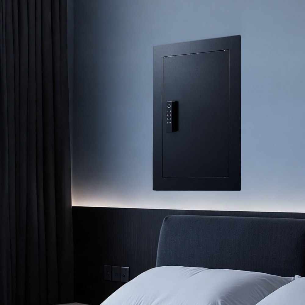VEVOR Caja Fuerte Mural con Contraseña, Llave, Pomo Giratorio y Cerradura de Huella Dactilar, Carcasa Integrada de Acero Laminado en Frío Q235, para Dinero, Joyas y Ppasaportes, 102 x 381 x 559 mm