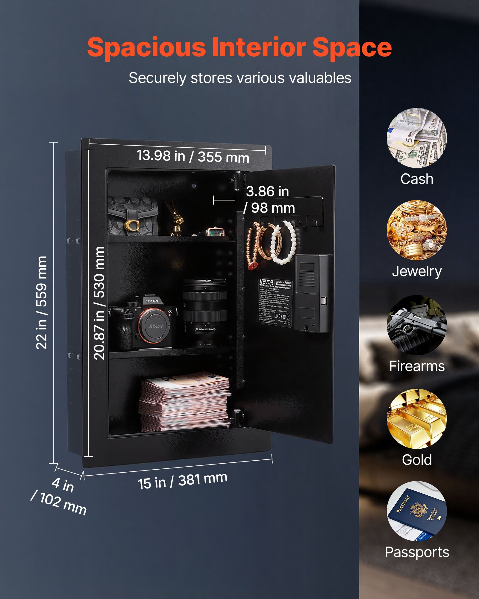VEVOR Caja Fuerte Mural con Contraseña, Llave, Pomo Giratorio y Cerradura de Huella Dactilar, Carcasa Integrada de Acero Laminado en Frío Q235, para Dinero, Joyas y Ppasaportes, 102 x 381 x 559 mm