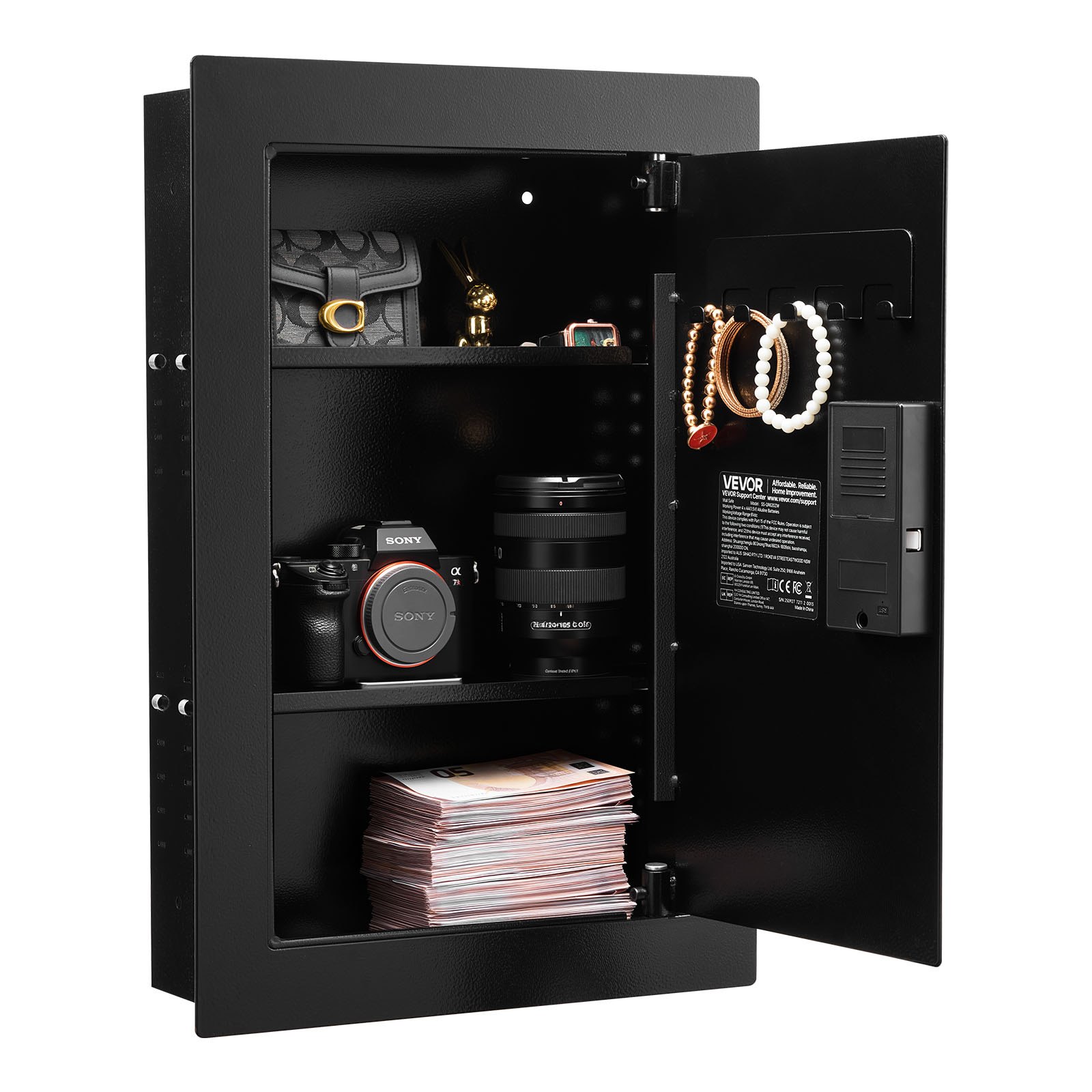 VEVOR Caja Fuerte Mural con Contraseña, Llave, Pomo Giratorio y Cerradura de Huella Dactilar, Carcasa Integrada de Acero Laminado en Frío Q235, para Dinero, Joyas y Ppasaportes, 102 x 381 x 559 mm