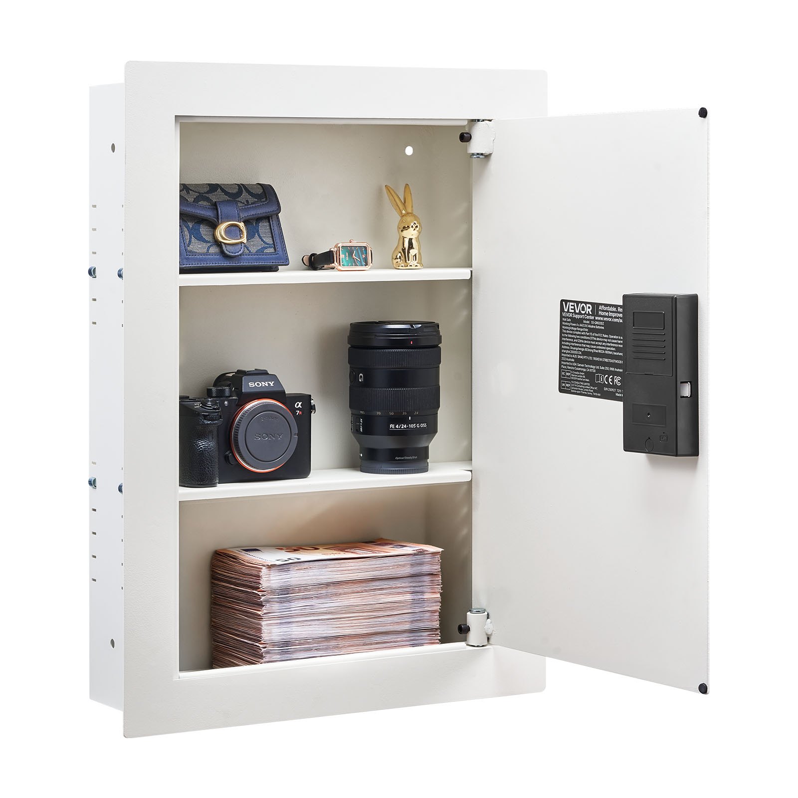 VEVOR Caja Fuerte Mural con Contraseña, Llave y Pomo Giratorio, Carcasa Integrada de Acero Laminado en Frío Q235, con Estantes Ajustables y Orificios de Montaje para Dinero y Pasaporte, Blanco