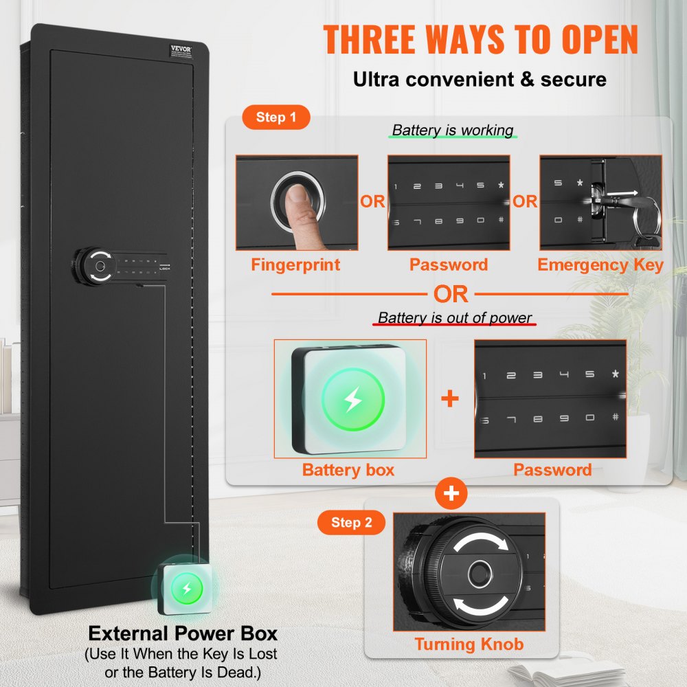 VEVOR Caja Fuerte para Armas de Pared de 4 Niveles con Teclado y Lector de Huellas Dactilares, 3 Estantes Extraíbles y 6 Llaveros, de Acero Laminado en Frío Q235 con Luz LED, 1050 x 338 x 82 mm