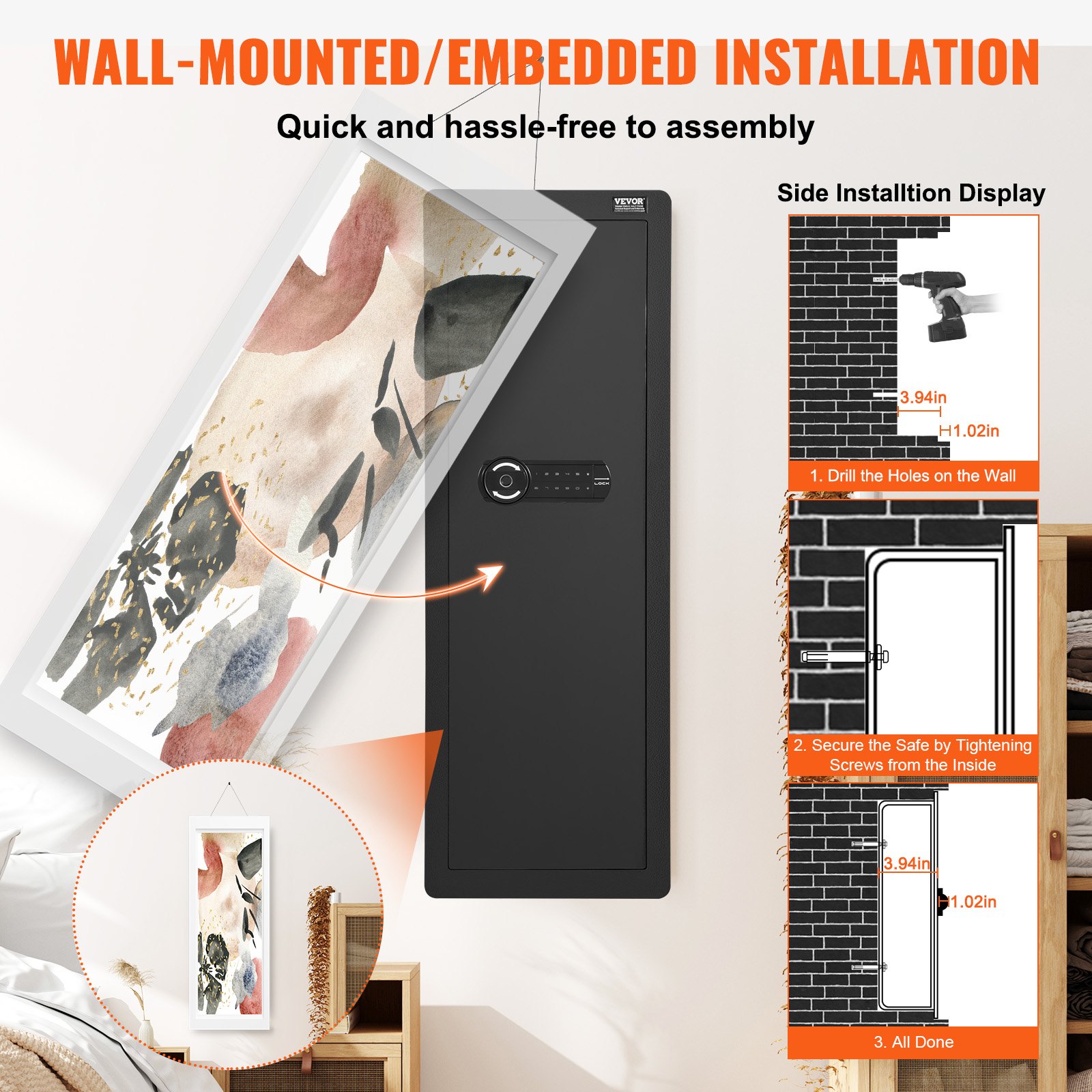 VEVOR Caja Fuerte para Armas de Pared de 4 Niveles con Teclado y Lector de Huellas Dactilares, 3 Estantes Extraíbles y 6 Llaveros, de Acero Laminado en Frío Q235 con Luz LED, 1050 x 338 x 82 mm