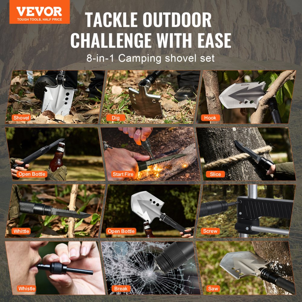 VEVOR Pala de Supervivencia Plegable 602 x 125 x 34 mm Pala para Acampar 8 en 1 Pala Multifuncional Portátil para Acampada, Senderismo, Actividades al Aire Libre, Supervivencia y Emergencias