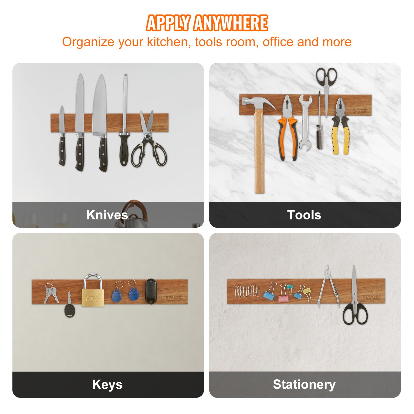 VEVOR Barra Magnética para Cuchillos 40,6 cm Portacuchillas Magnético de Madera de Acacia Montaje en Pared Soporte Multifunción para Cuchillos, Utensilios, Tijeras, Herramientas de Cocina, Restaurante