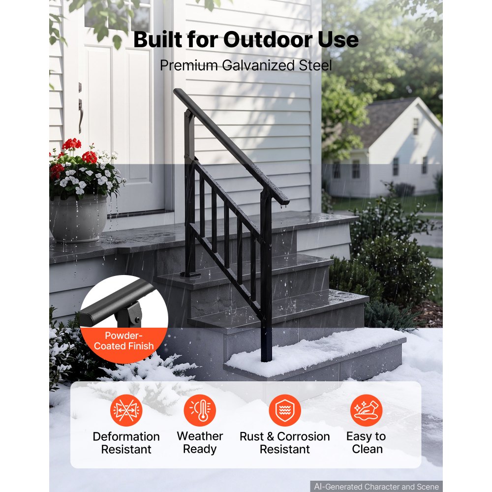 VEVOR Barandilla de Escalera 2-3 Peldaños, Ajustable 0°-45°, Metal Negro, Pasamanos de Escalera para Interior y Exterior, Carga 100 kg, con Accesorios de Instalación para Madera, Hormigón y Ladrillo