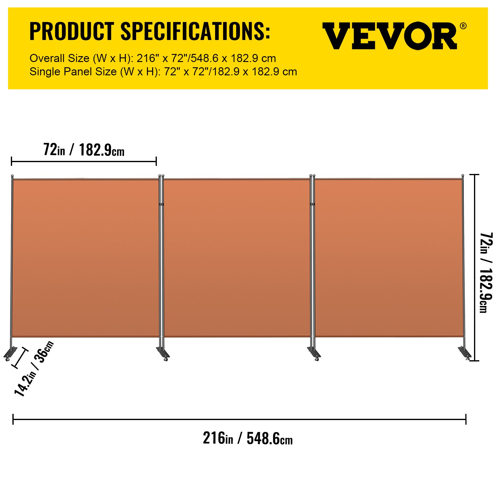 VEVOR Biombo Divisor 3 Paneles de Pie Naranja Separador de Ambientes Plegable de 360 Grados 150x180 cm de Tela Impermeable Biombos Separadores de Privacidad con 8 Ruedas para Hogar, Oficina, Salón
