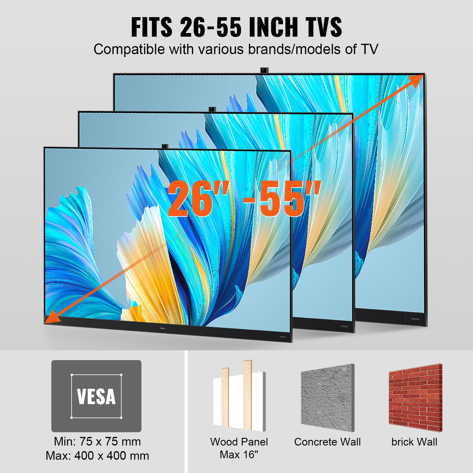 VEVOR Soporte de Pared para Televisores de Pantalla de 660-1397 mm Carga de 45 kg Soporte para TV Inclinable y Giratorio VESA 400x400 mm Máximo Soporte de Pared de Acero al Carbono para Casa Oficina