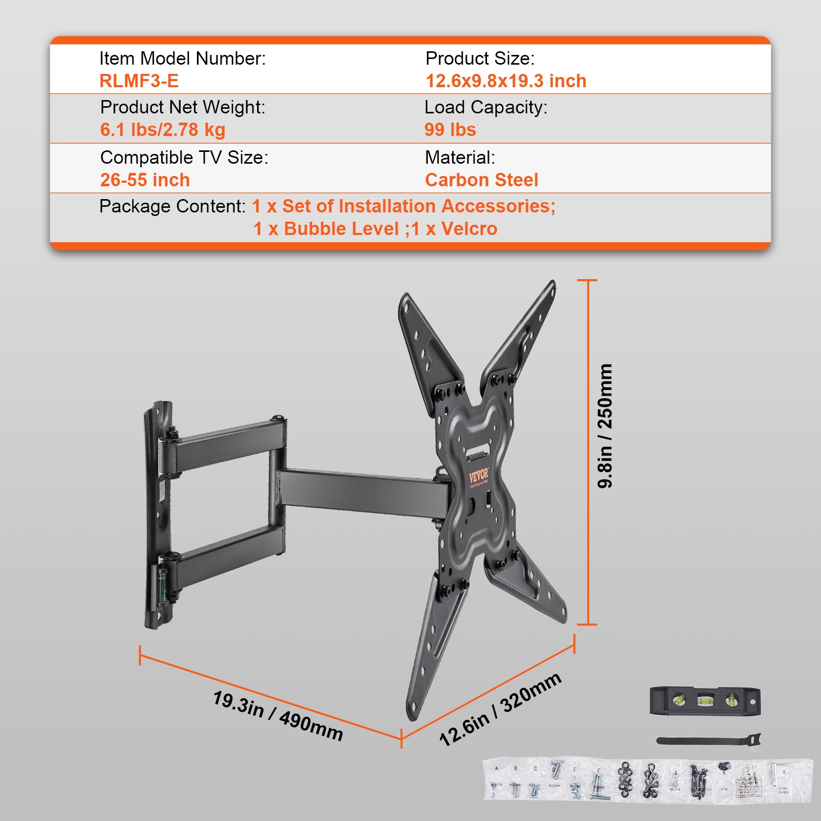 VEVOR Soporte de Pared para Televisores de Pantalla de 660-1397 mm Carga de 45 kg Soporte para TV Inclinable y Giratorio VESA 400x400 mm Máximo Soporte de Pared de Acero al Carbono para Casa Oficina