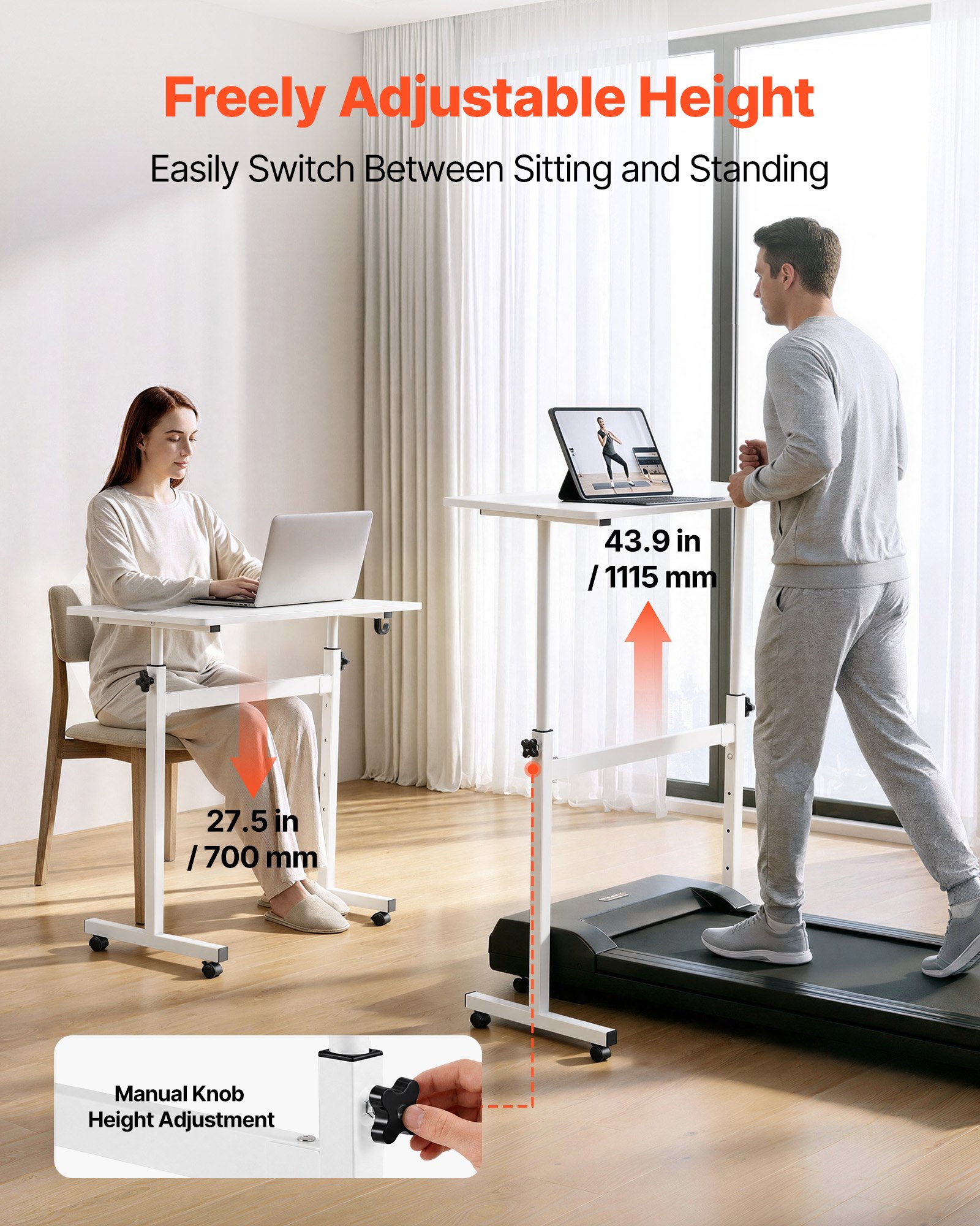 VEVOR Escritorio de Pie de 810 x 410 mm Altura Ajustable 700 a 1115 mm, con Ganchos, Ruedas 360° con Bloqueo, Capacidad de 25 kg, Mesa Móvil Compacta para Oficina en Casa, Sala de Estar y Dormitorio