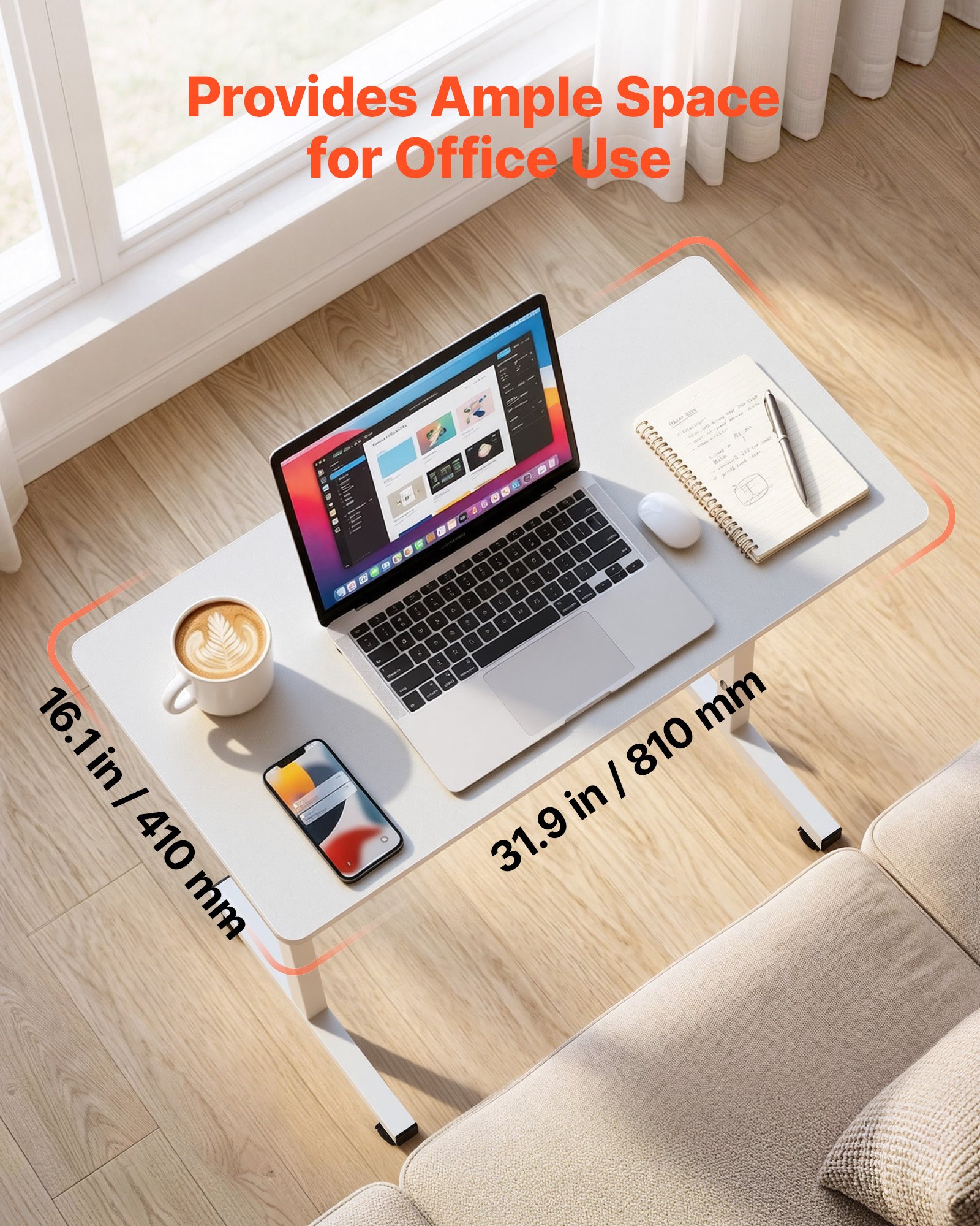 VEVOR Escritorio de Pie de 810 x 410 mm Altura Ajustable 700 a 1115 mm, con Ganchos, Ruedas 360° con Bloqueo, Capacidad de 25 kg, Mesa Móvil Compacta para Oficina en Casa, Sala de Estar y Dormitorio