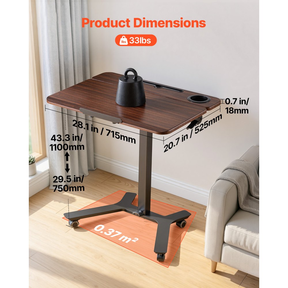 VEVOR Escritorio de Pie de 715 x 525 mm Altura Ajustable 750-1100 mm, Tablero Inclinable 0 a 90°, Capacidad de 15 kg, Mesa Móvil Compacta de Metal con Ruedas para Oficina Casa Dormitorio Sala de Estar
