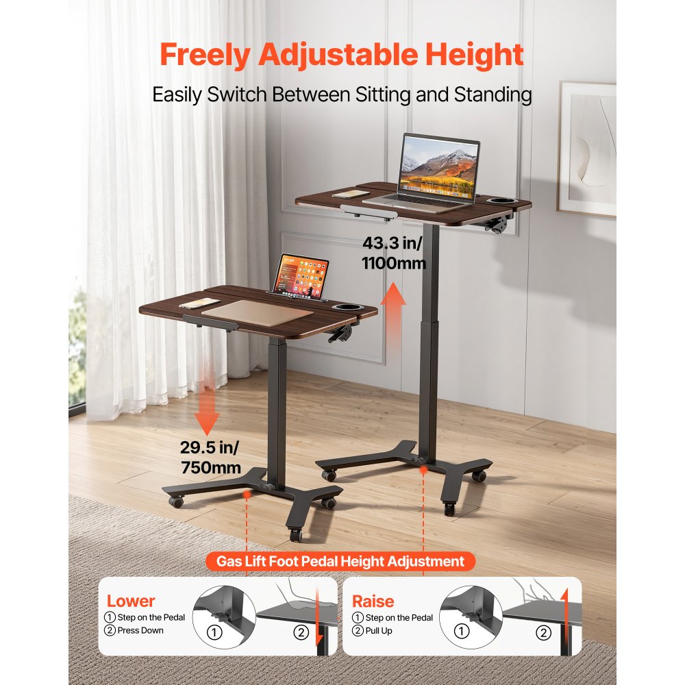 VEVOR Escritorio de Pie de 715 x 525 mm Altura Ajustable 750-1100 mm, Tablero Inclinable 0 a 90°, Capacidad de 15 kg, Mesa Móvil Compacta de Metal con Ruedas para Oficina Casa Dormitorio Sala de Estar