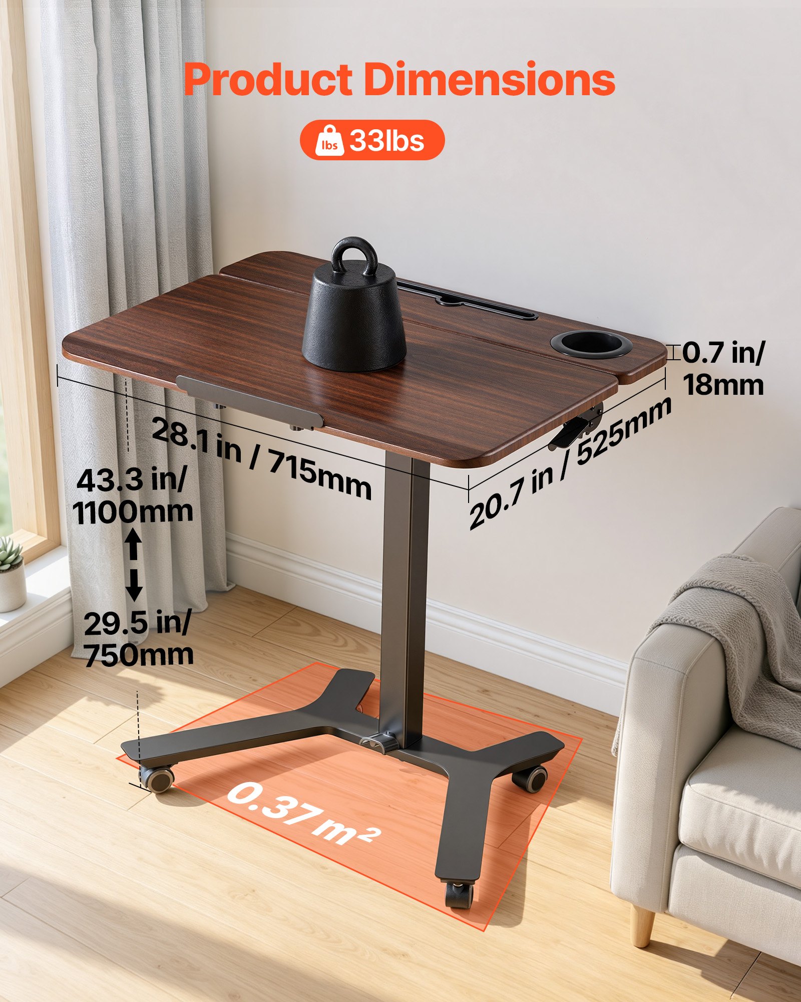 VEVOR Escritorio de Pie de 715 x 525 mm Altura Ajustable 750-1100 mm, Tablero Inclinable 0 a 90°, Capacidad de 15 kg, Mesa Móvil Compacta de Metal con Ruedas para Oficina Casa Dormitorio Sala de Estar