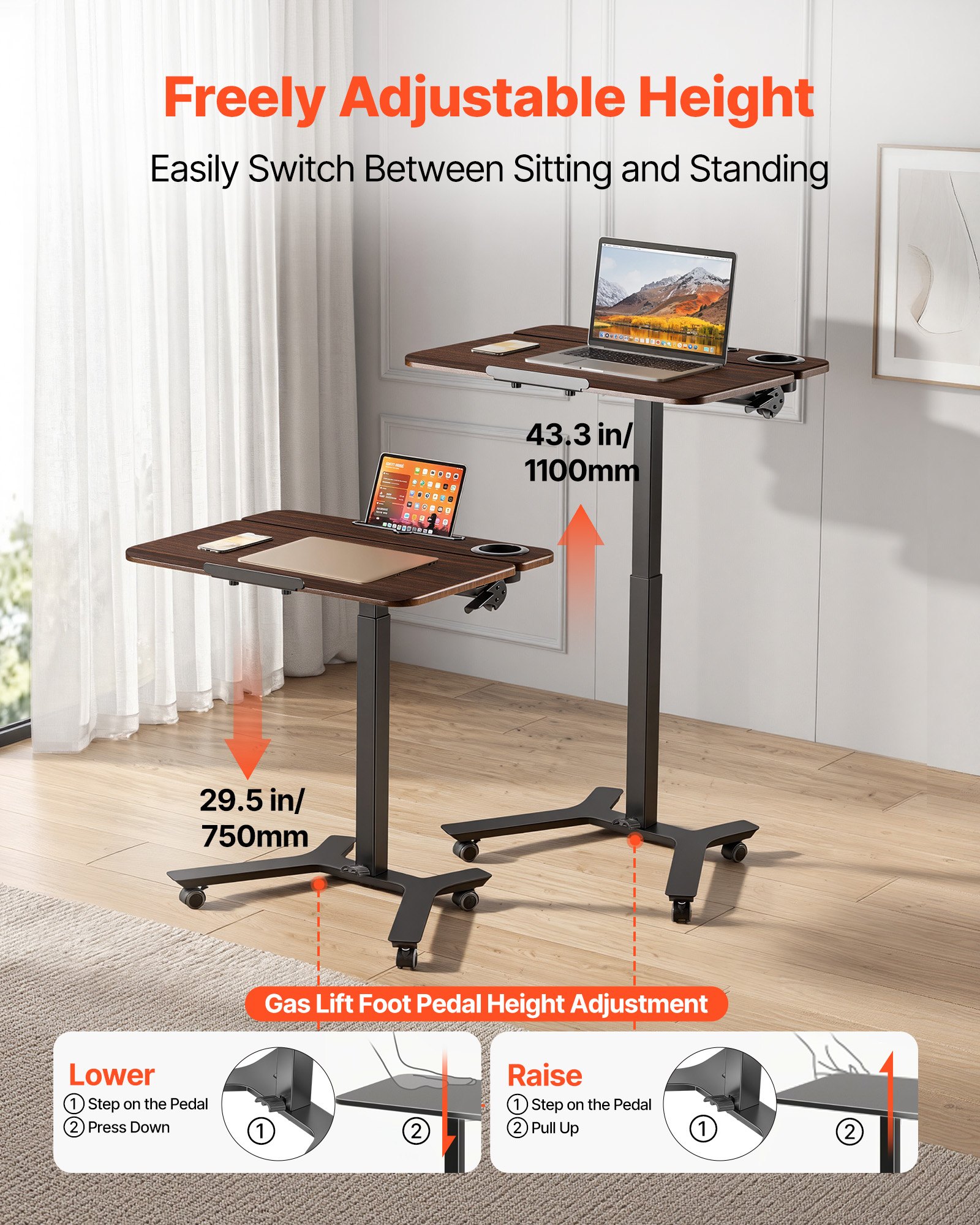 VEVOR Escritorio de Pie de 715 x 525 mm Altura Ajustable 750-1100 mm, Tablero Inclinable 0 a 90°, Capacidad de 15 kg, Mesa Móvil Compacta de Metal con Ruedas para Oficina Casa Dormitorio Sala de Estar