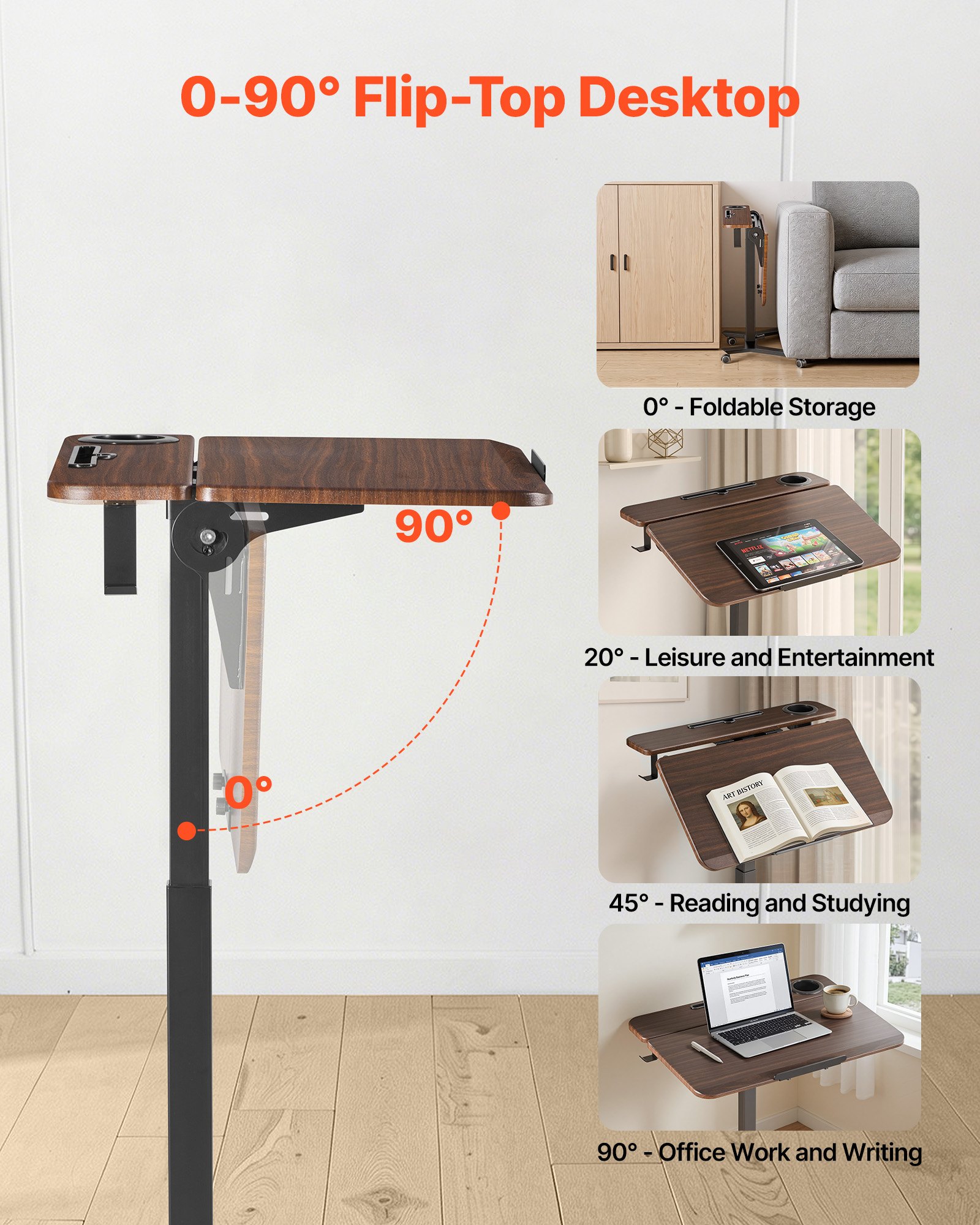 VEVOR Escritorio de Pie de 715 x 525 mm Altura Ajustable 750-1100 mm, Tablero Inclinable 0 a 90°, Capacidad de 15 kg, Mesa Móvil Compacta de Metal con Ruedas para Oficina Casa Dormitorio Sala de Estar