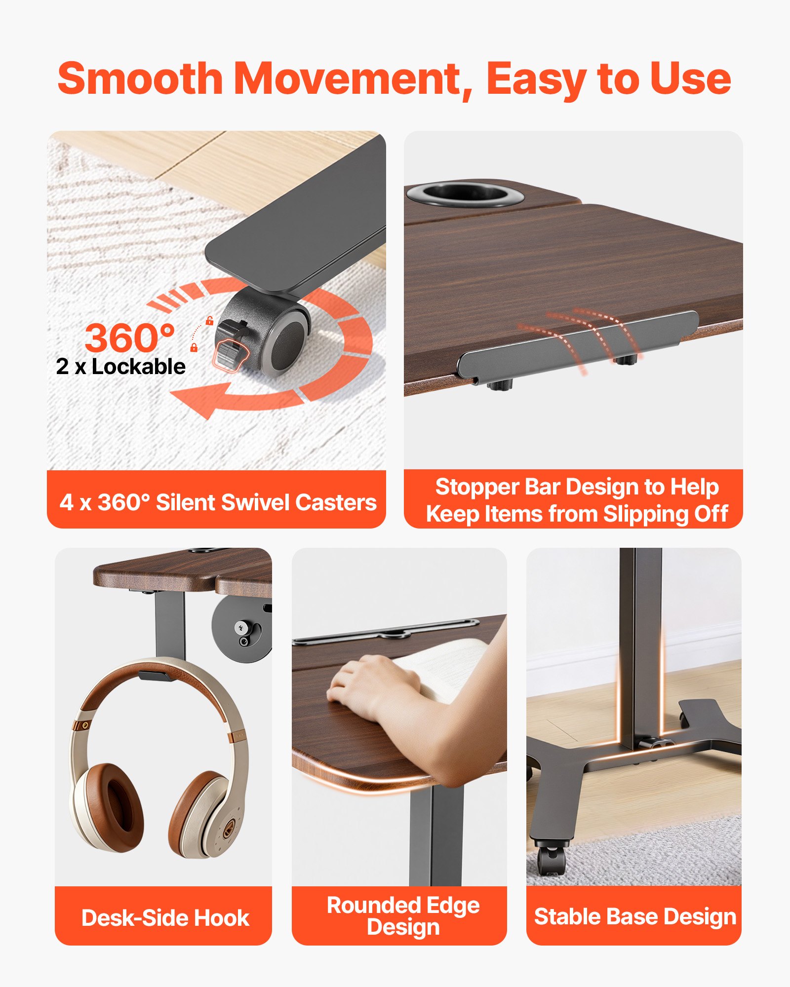 VEVOR Escritorio de Pie de 715 x 525 mm Altura Ajustable 750-1100 mm, Tablero Inclinable 0 a 90°, Capacidad de 15 kg, Mesa Móvil Compacta de Metal con Ruedas para Oficina Casa Dormitorio Sala de Estar