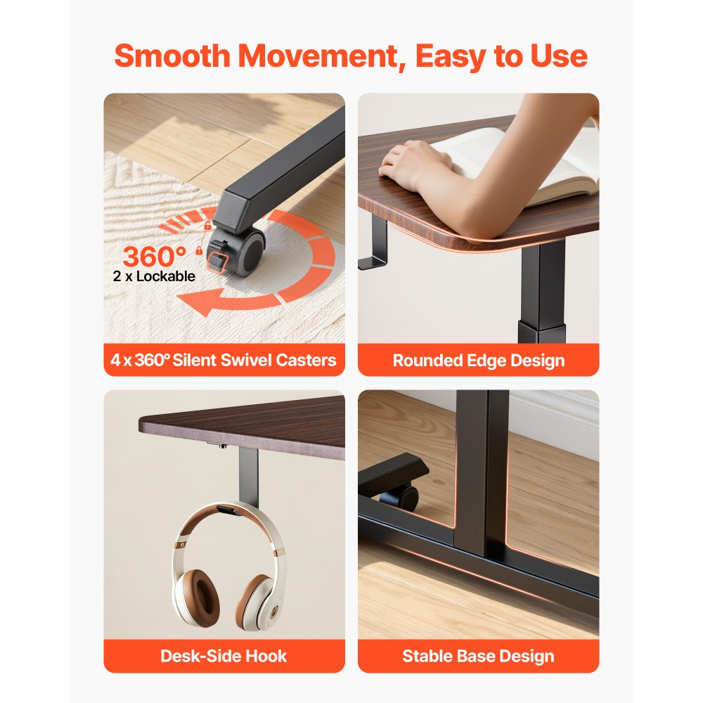 VEVOR Escritorio de Pie de 650 x 480 mm Altura Ajustable 725-1065 mm, Capacidad de 15 kg, Mesa Móvil Compacta de Metal con Ruedas Giratorias, Gancho para Oficina Sala de Estar Dormitorio Casa Estudio