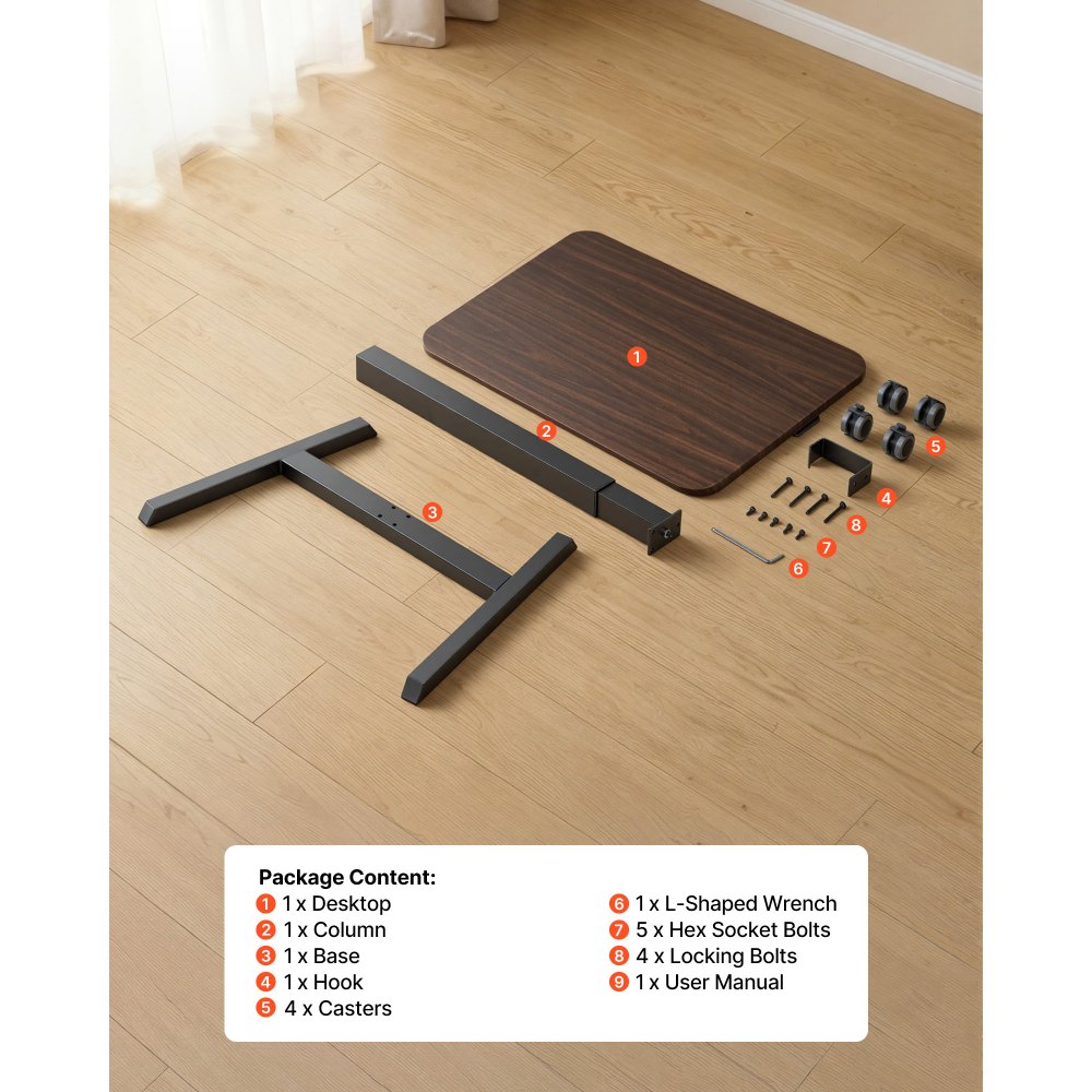 VEVOR Escritorio de Pie de 650 x 480 mm Altura Ajustable 725-1065 mm, Capacidad de 15 kg, Mesa Móvil Compacta de Metal con Ruedas Giratorias, Gancho para Oficina Sala de Estar Dormitorio Casa Estudio