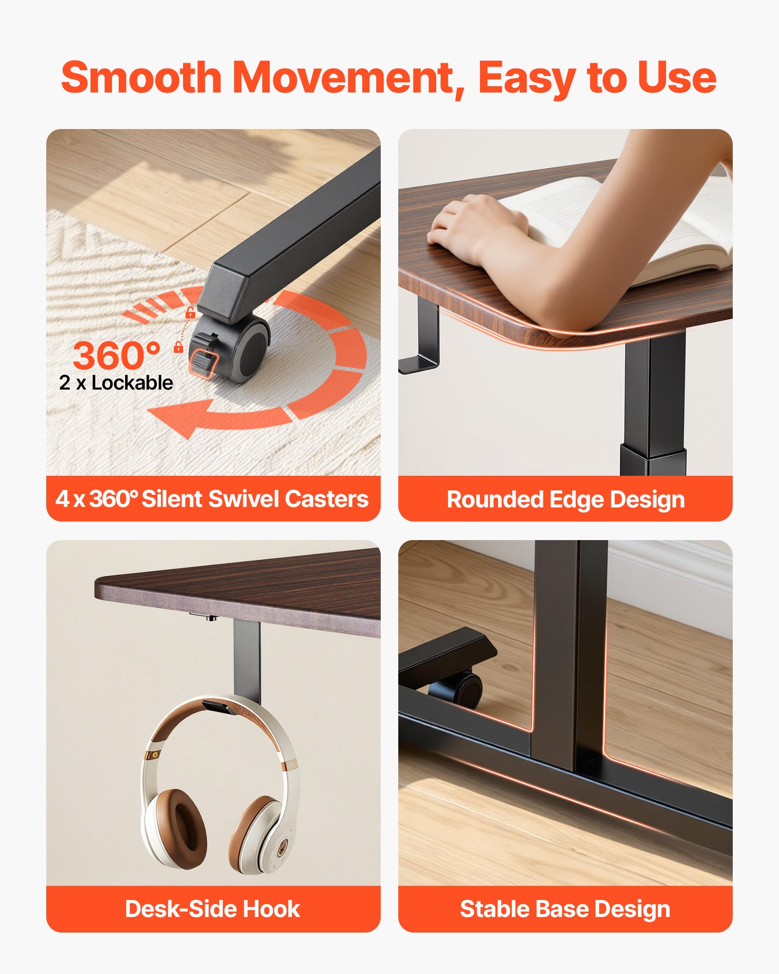 VEVOR Escritorio de Pie de 650 x 480 mm Altura Ajustable 725-1065 mm, Capacidad de 15 kg, Mesa Móvil Compacta de Metal con Ruedas Giratorias, Gancho para Oficina Sala de Estar Dormitorio Casa Estudio