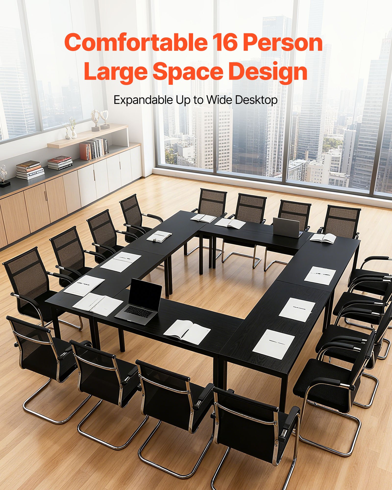 VEVOR Mesa de Conferencias para 16 Personas, 6 Piezas, 140 x 60 cm Cada Una, Rectangular, Combinada, Mesa de Descanso con Patas Metálicas para Oficina, Sala de Conferencias Carga 54,43 kg, Negro