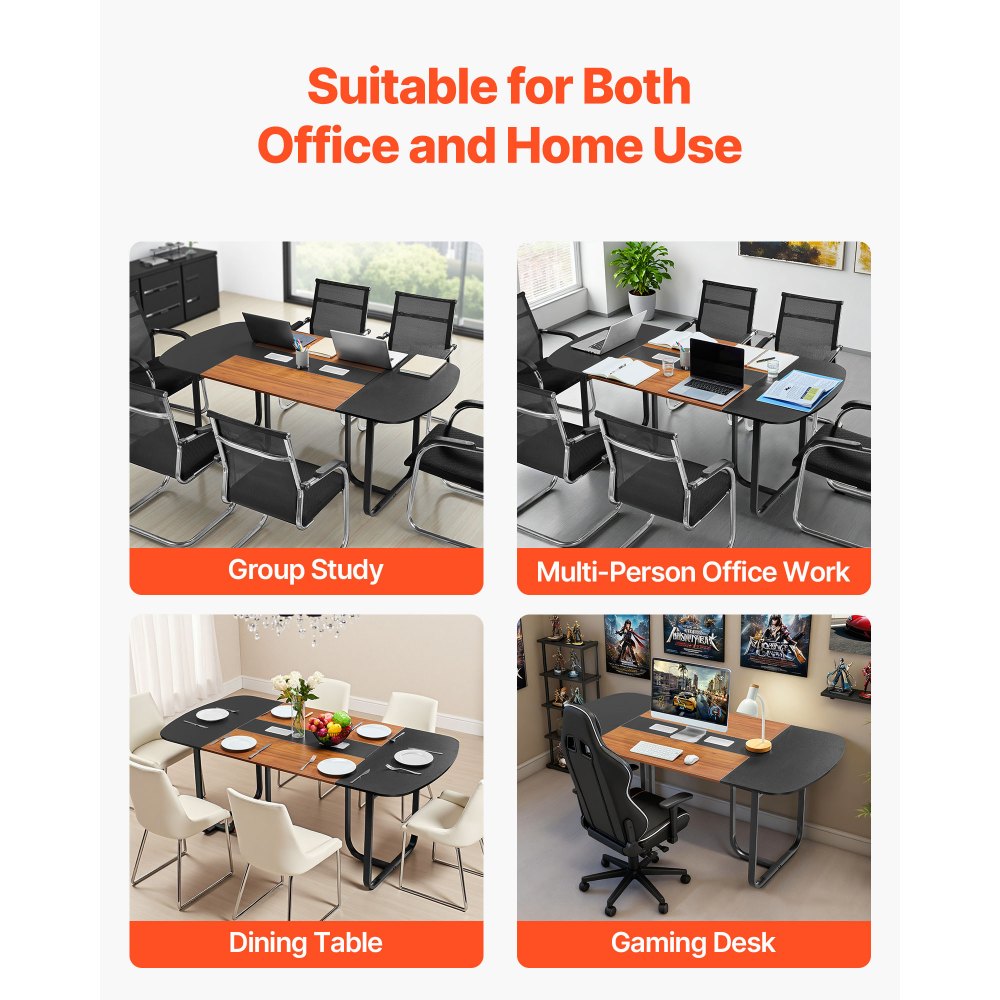 VEVOR Mesa de Conferencias para 6-8 Personas, Ovalada, para Seminarios, Reuniones, Multiusos, con Patas Metálicas, para Oficinas, Salas de Conferencias, Color Negro y Marrón, 1800 x 900 x 750 mm