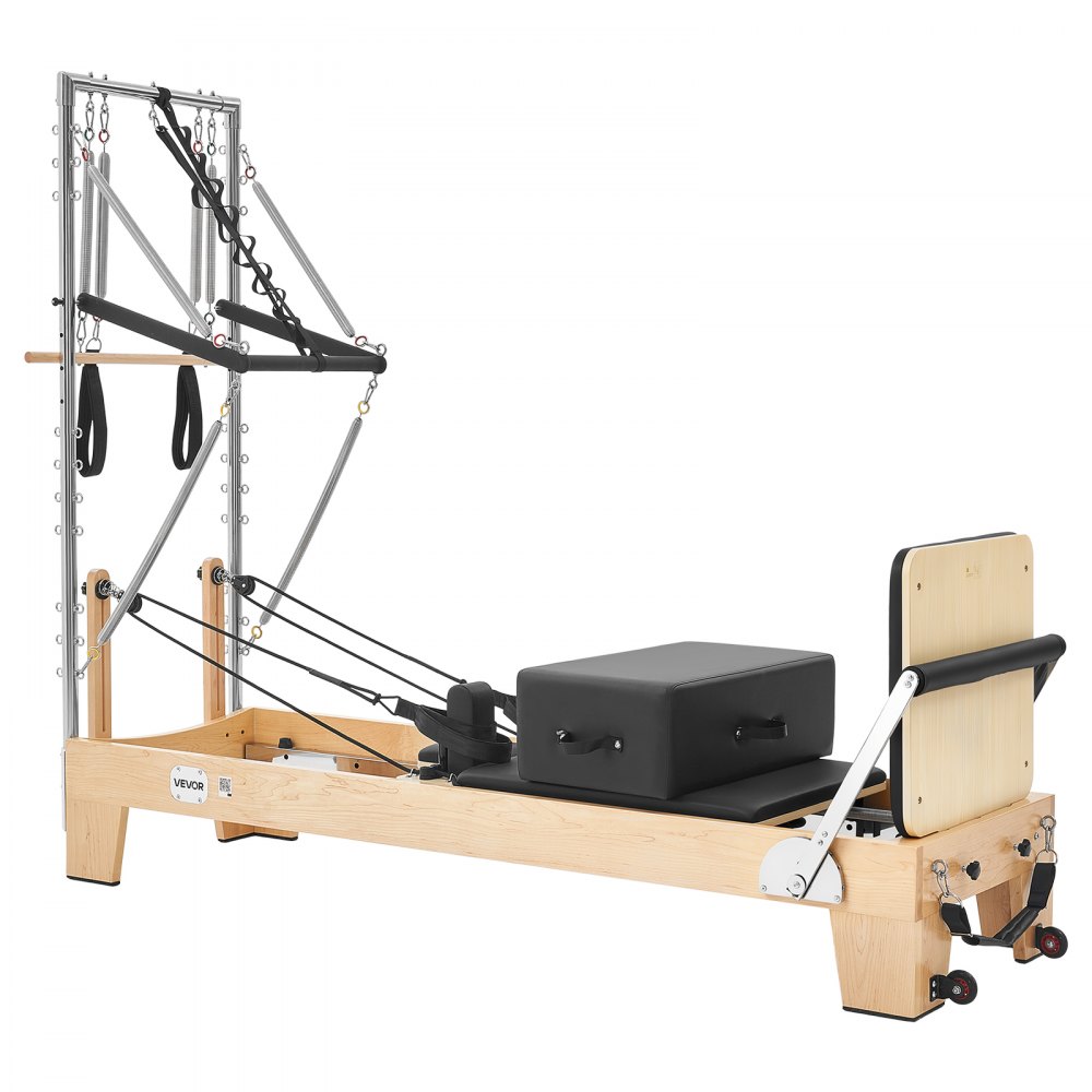 VEVOR Reformer de Pilates con Torre 2,4 m Madera de Arce Carga de 181,4 kg, para Uso Doméstico y Entrenamiento en Gimnasio, con Plataforma y Caja de Asiento, para Usuarios Avanzados y Principiantes