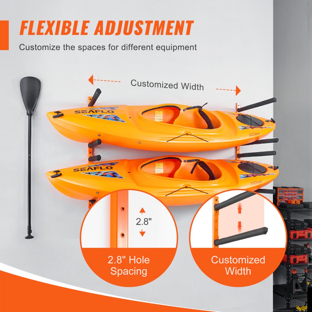 VEVOR Soporte de pared para 4 kayaks, estante para kayak, canoa, tabla de remo SUP, gancho de almacenamiento para kayak con brazos acolchados ajustables, carga de 181,6 kg