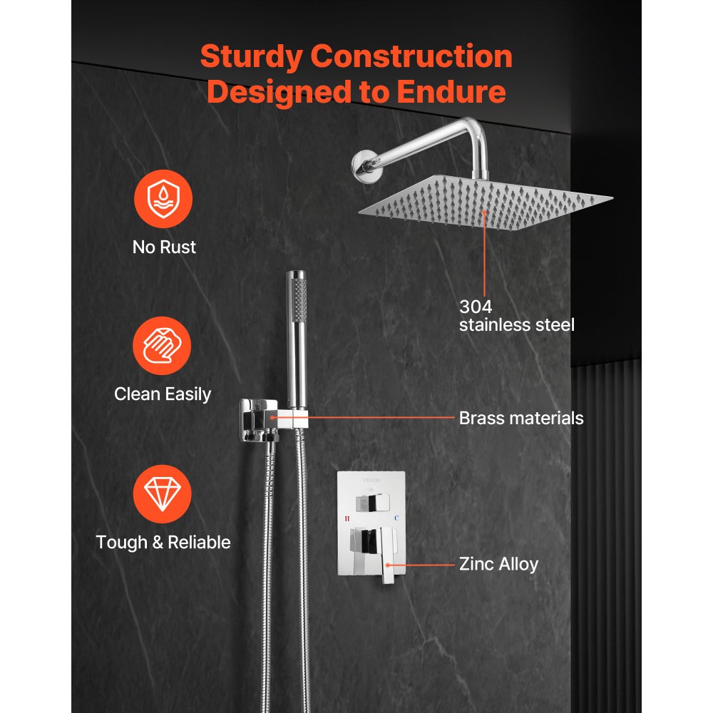 VEVOR Juego de Grifo de Ducha de Lluvia con Cabezal de Ducha Cuadrado 25,4 cm y Rociador de Mano, Grifería de Baño de Pared con Válvula de Latón y Kit de Embellecedor, 6,7 L/min, Cromado Plateado