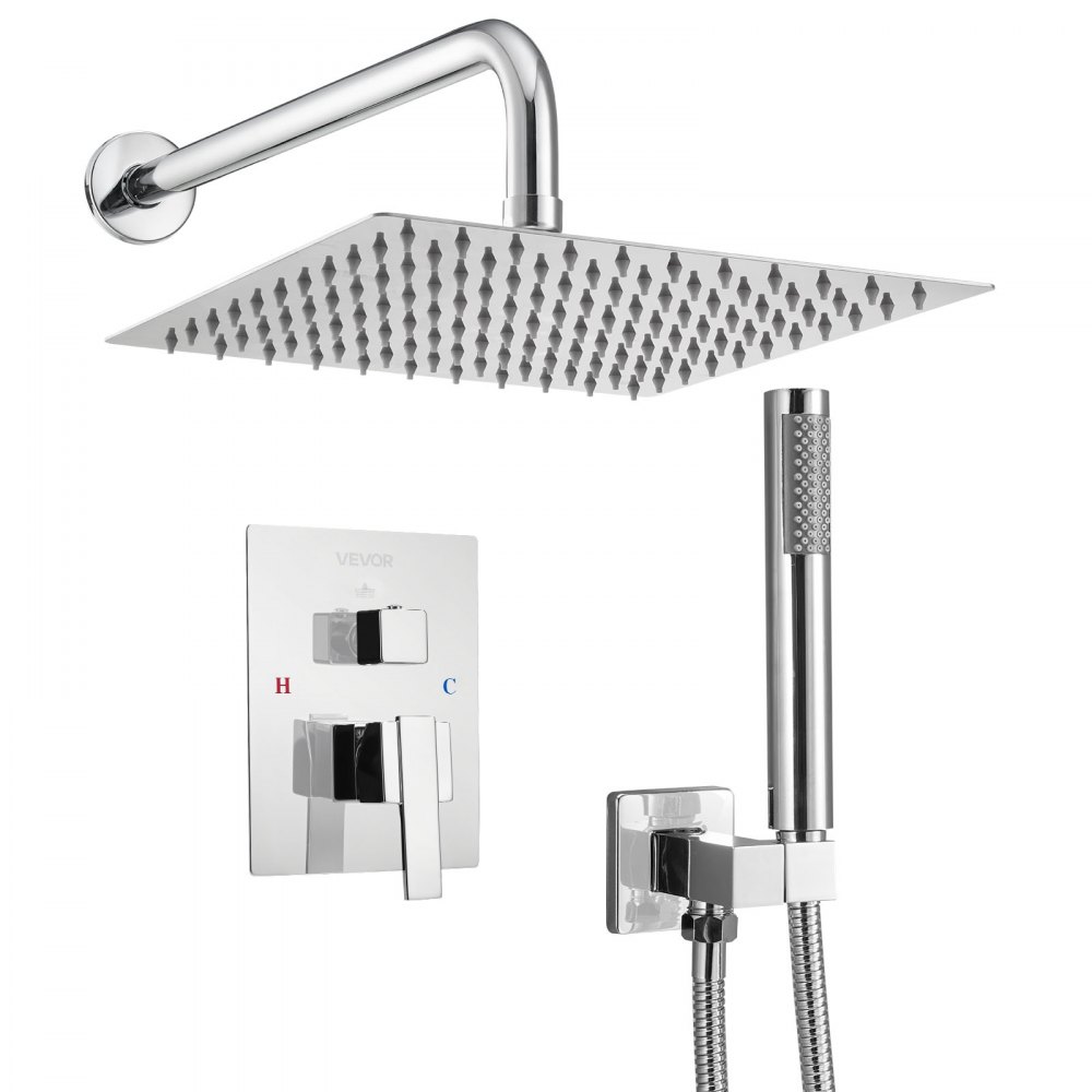 VEVOR Juego de Grifo de Ducha de Lluvia con Cabezal de Ducha Cuadrado 25,4 cm y Rociador de Mano, Grifería de Baño de Pared con Válvula de Latón y Kit de Embellecedor, 6,7 L/min, Cromado Plateado