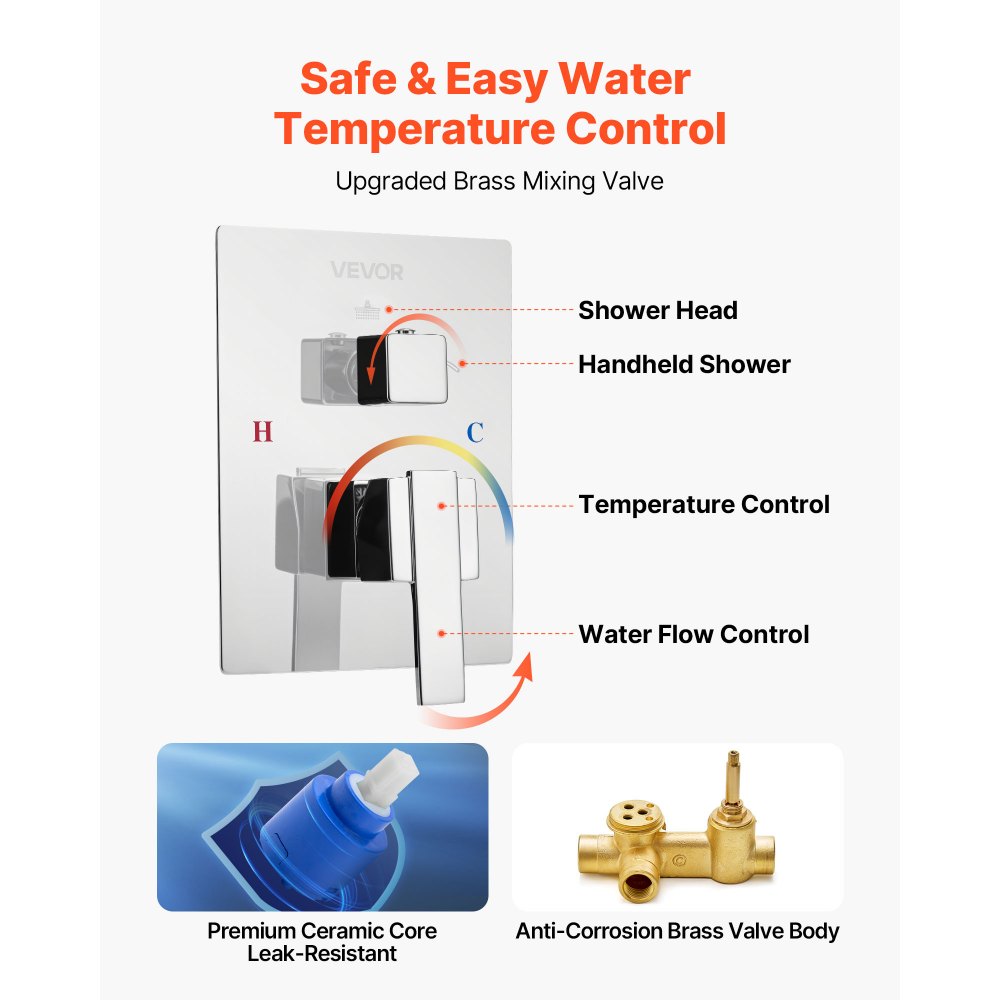 VEVOR Shower Faucet Set, Rainfall Bathroom Shower System with 10-Inch (25.4cm) Square Rain Shower Head and Handheld Spray, Wall Mounted Bath Fixtures with Brass Valve and Trim Kit, Silver Chrome