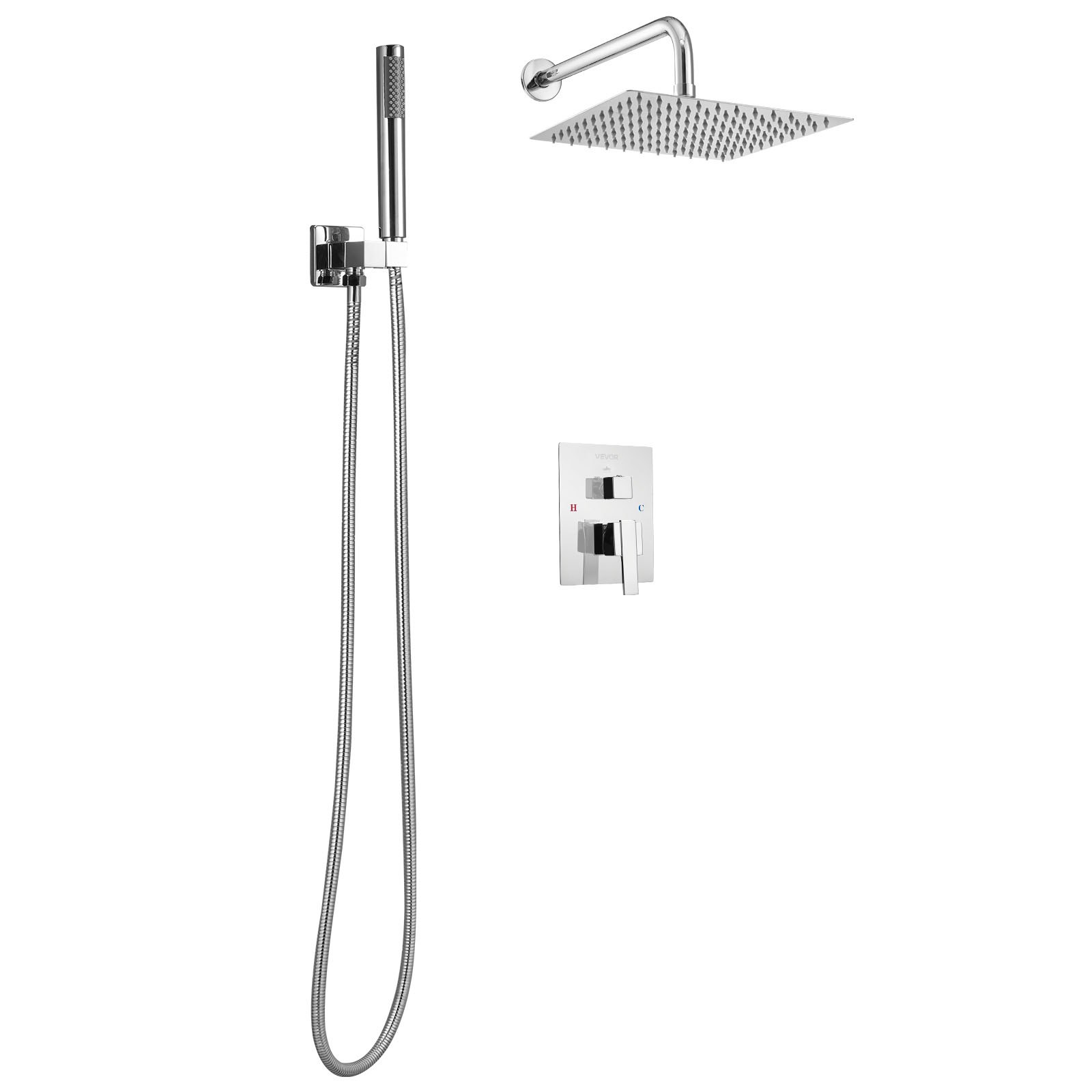 VEVOR Juego de Grifo de Ducha de Lluvia con Cabezal de Ducha Cuadrado 25,4 cm y Rociador de Mano, Grifería de Baño de Pared con Válvula de Latón y Kit de Embellecedor, 6,7 L/min, Cromado Plateado