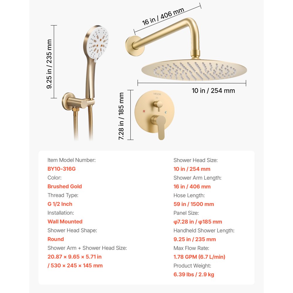 VEVOR Shower Faucet Set, Rainfall Bathroom Shower System with 10-Inch (25.4cm) Round Rain Shower Head and Handheld Spray, Wall Mounted Bath Fixtures with Brass Valve and Trim Kit, Brushed Gold