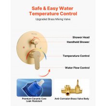 VEVOR Juego de Grifo de Ducha de Lluvia con Cabezal de Ducha Redondo de 25,4 cm y Rociador de Mano, Grifería de Baño de Pared con Válvula de Latón y Kit de Embellecedor, 6,7 L/min, Oro Cepillado