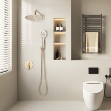 VEVOR Juego de Grifo de Ducha de Lluvia con Cabezal de Ducha Redondo de 25,4 cm y Rociador de Mano, Grifería de Baño de Pared con Válvula de Latón y Kit de Embellecedor, 6,7 L/min, Oro Cepillado