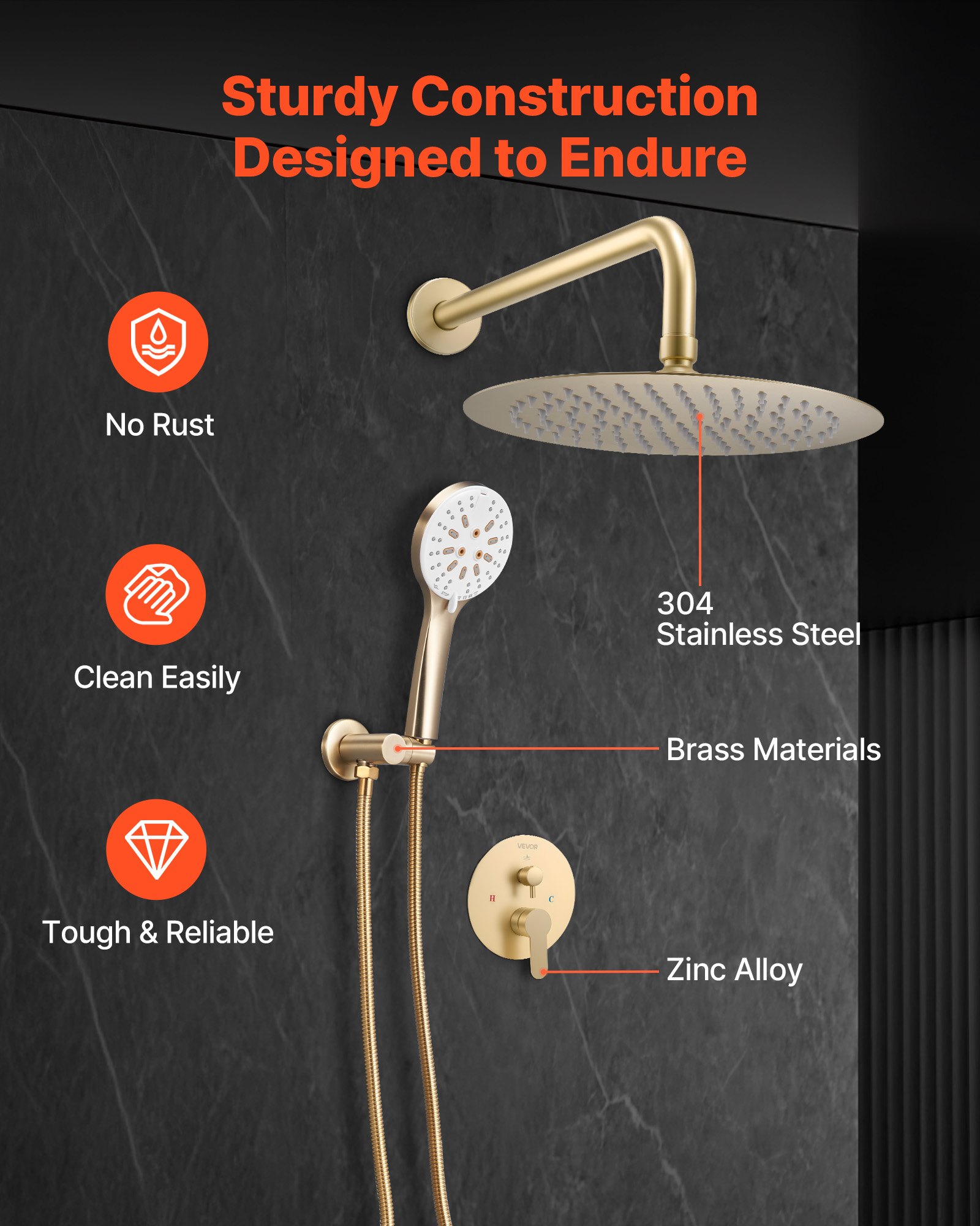 VEVOR Shower Faucet Set, Rainfall Bathroom Shower System with 10-Inch (25.4cm) Round Rain Shower Head and Handheld Spray, Wall Mounted Bath Fixtures with Brass Valve and Trim Kit, Brushed Gold