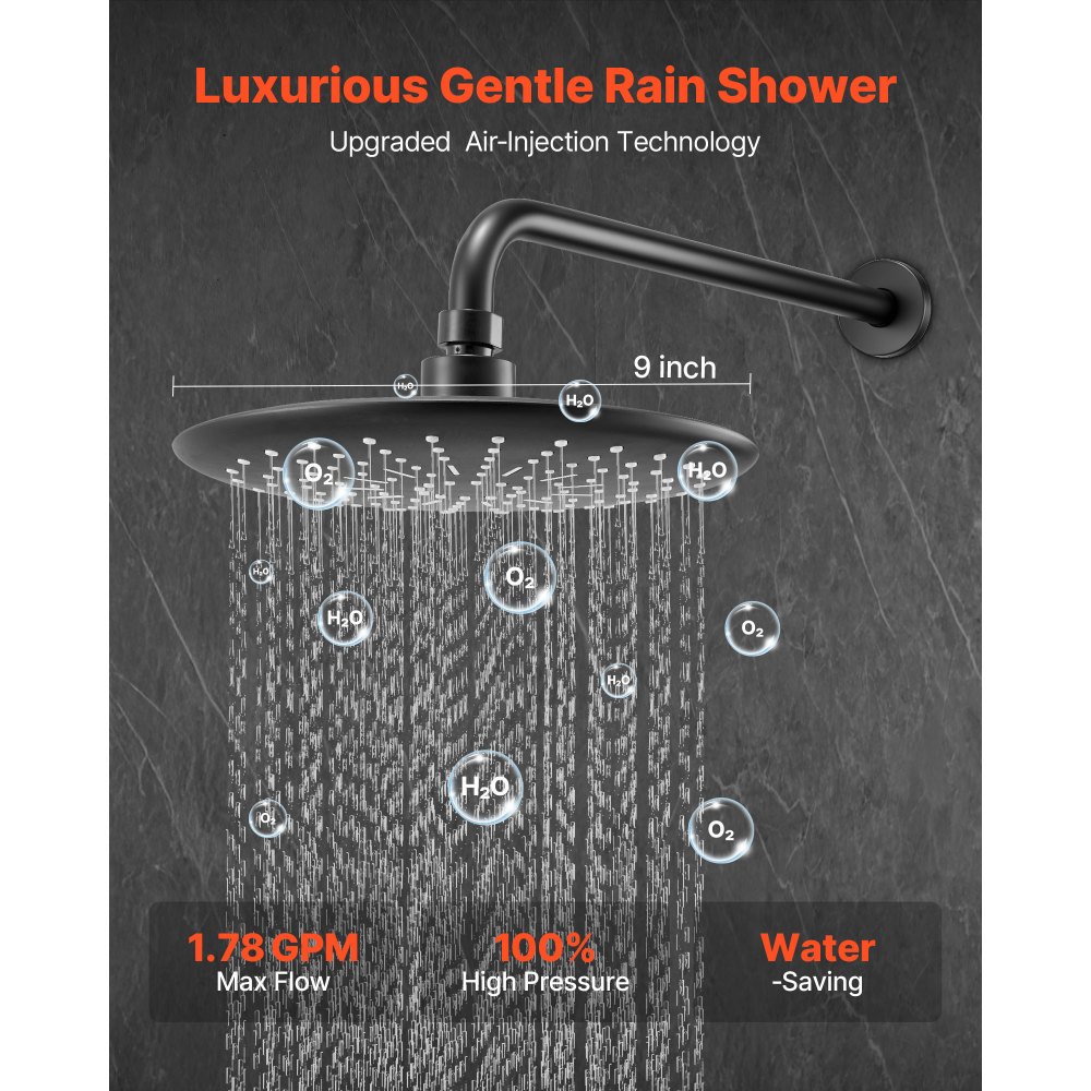 VEVOR Juego de Grifo de Ducha de Lluvia, con Cabezal de Ducha Redondo de 23 cm y Rociador de Mano, Grifería de Baño de Pared con Válvula de Latón y Kit de Embellecedor, 6,7 L/min, Negro Mate