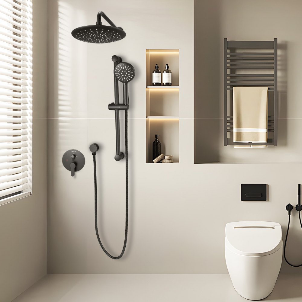 VEVOR Juego de Grifo de Ducha de Lluvia, con Cabezal de Ducha Redondo de 23 cm y Rociador de Mano, Grifería de Baño de Pared con Válvula de Latón y Kit de Embellecedor, 6,7 L/min, Negro Mate