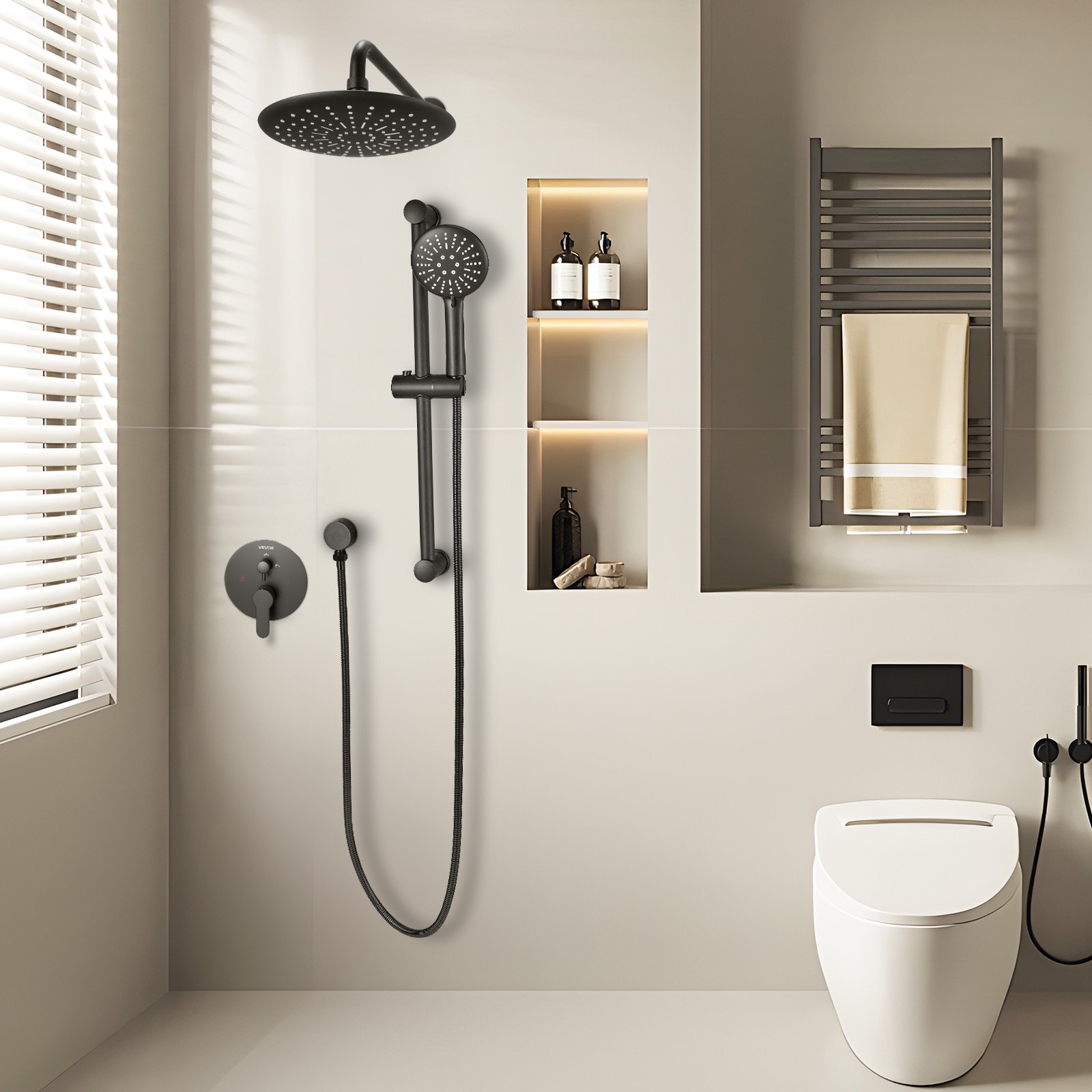 VEVOR Juego de Grifo de Ducha de Lluvia, con Cabezal de Ducha Redondo de 23 cm y Rociador de Mano, Grifería de Baño de Pared con Válvula de Latón y Kit de Embellecedor, 6,7 L/min, Negro Mate