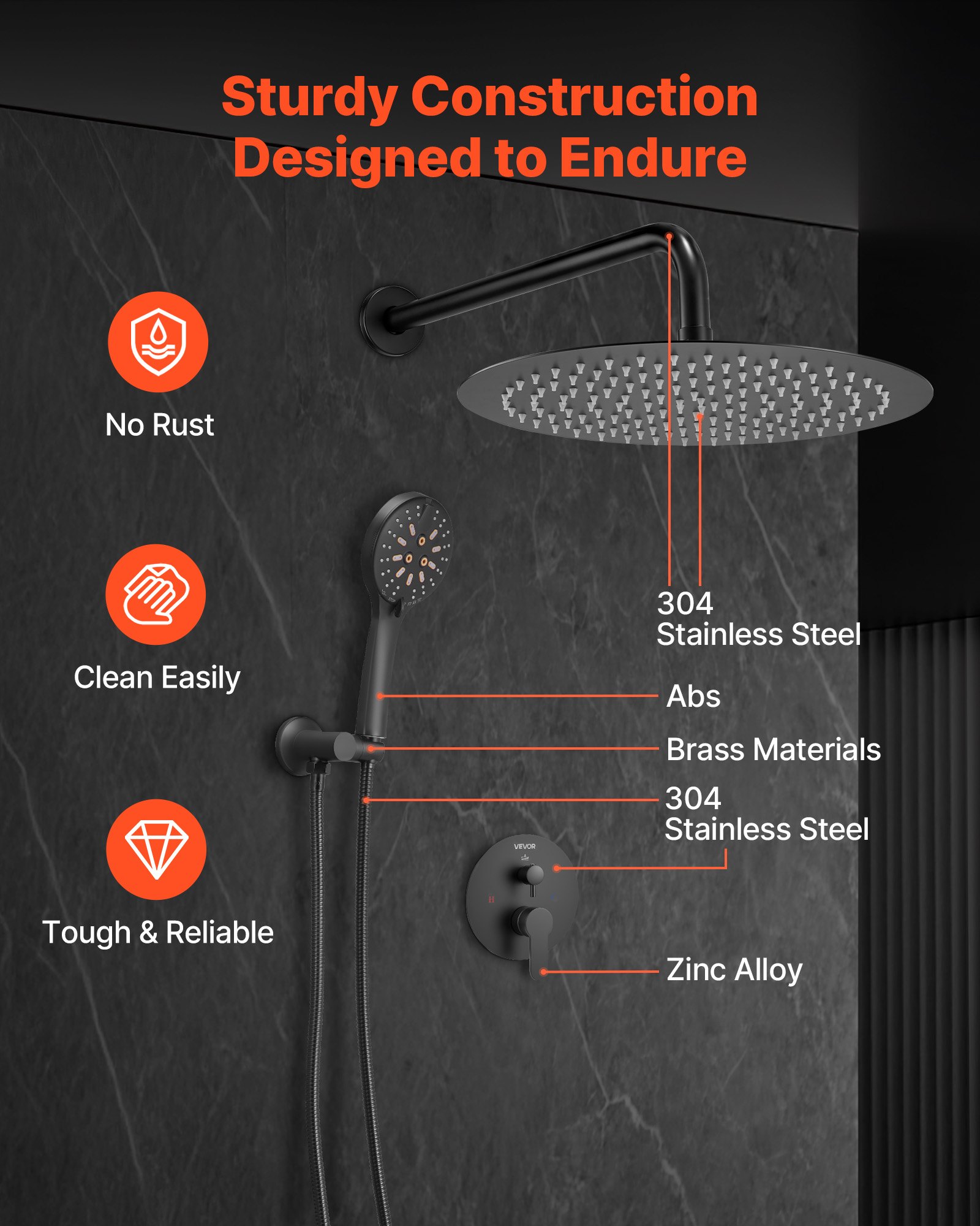 VEVOR Shower Faucet Set, Rainfall Bathroom Shower System with 12-Inch (30.5cm) Round Rain Shower Head and Handheld Spray, Wall Mounted Bath Fixtures with Brass Valve and Trim Kit, Matte Black