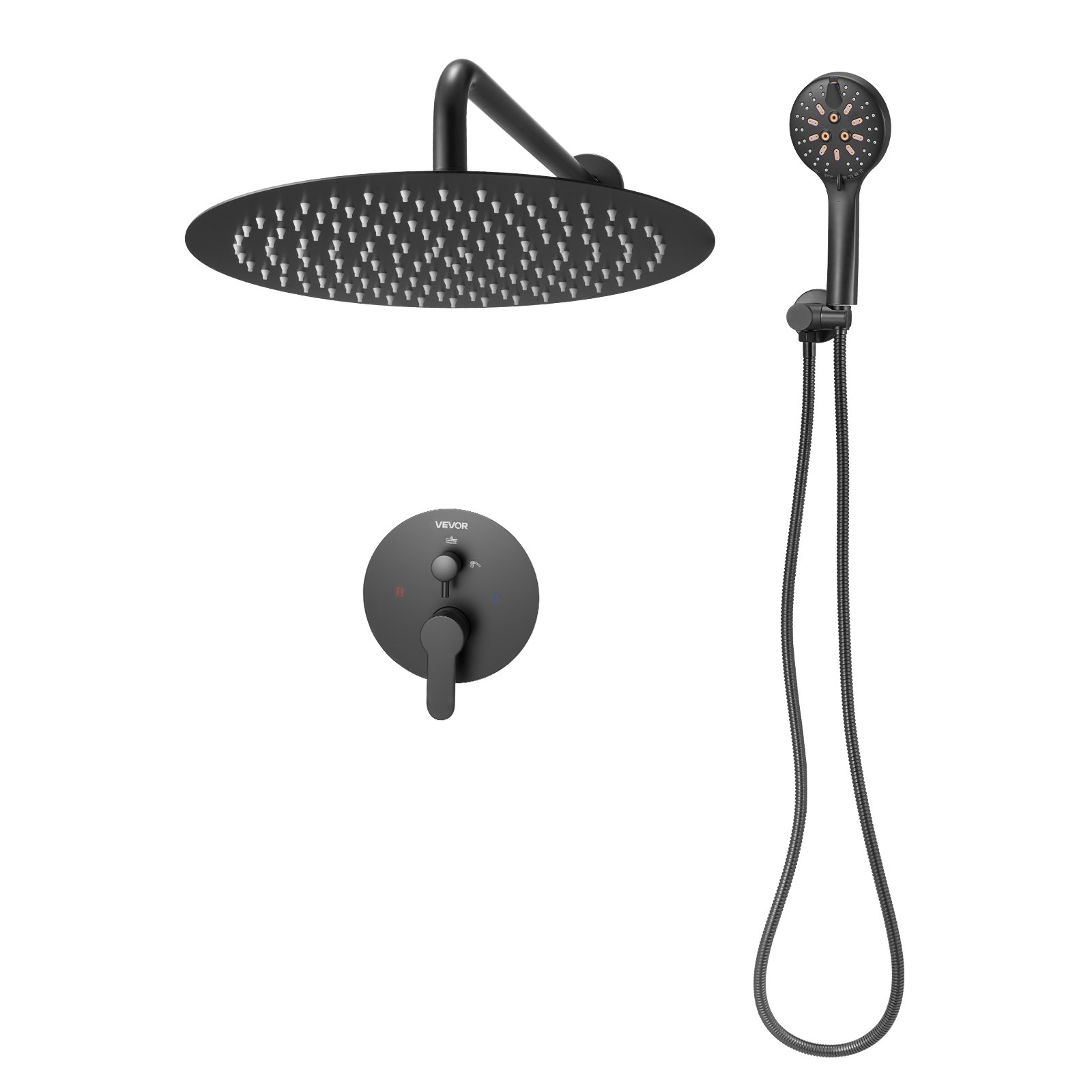 VEVOR Shower Faucet Set, Rainfall Bathroom Shower System with 12-Inch (30.5cm) Round Rain Shower Head and Handheld Spray, Wall Mounted Bath Fixtures with Brass Valve and Trim Kit, Matte Black