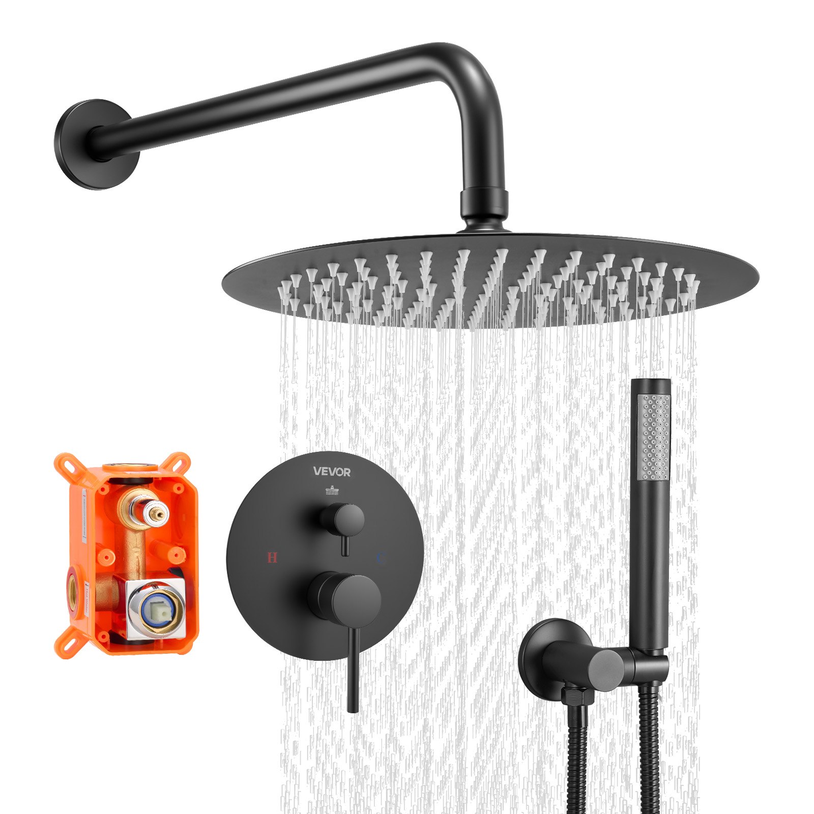 VEVOR Shower Faucet Set, Rainfall Bathroom Shower System with 8-Inch (20.3cm) Round Rain Shower Head and Handheld Spray, Wall Mounted Bath Fixtures with Brass Valve and Trim Kit, Matte Black